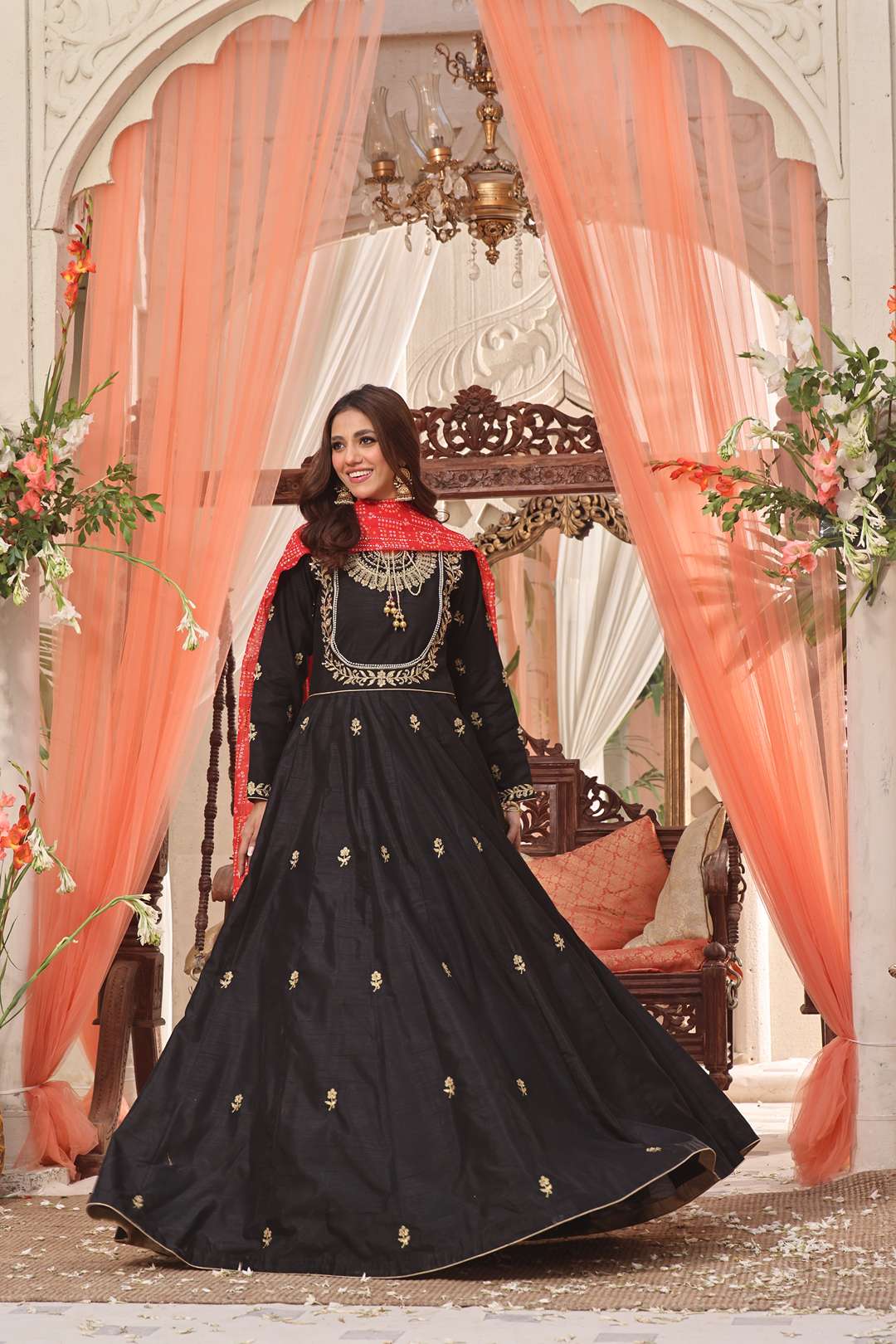 SANA'S red embroidered silk maxi dress Pakistan occasion wear