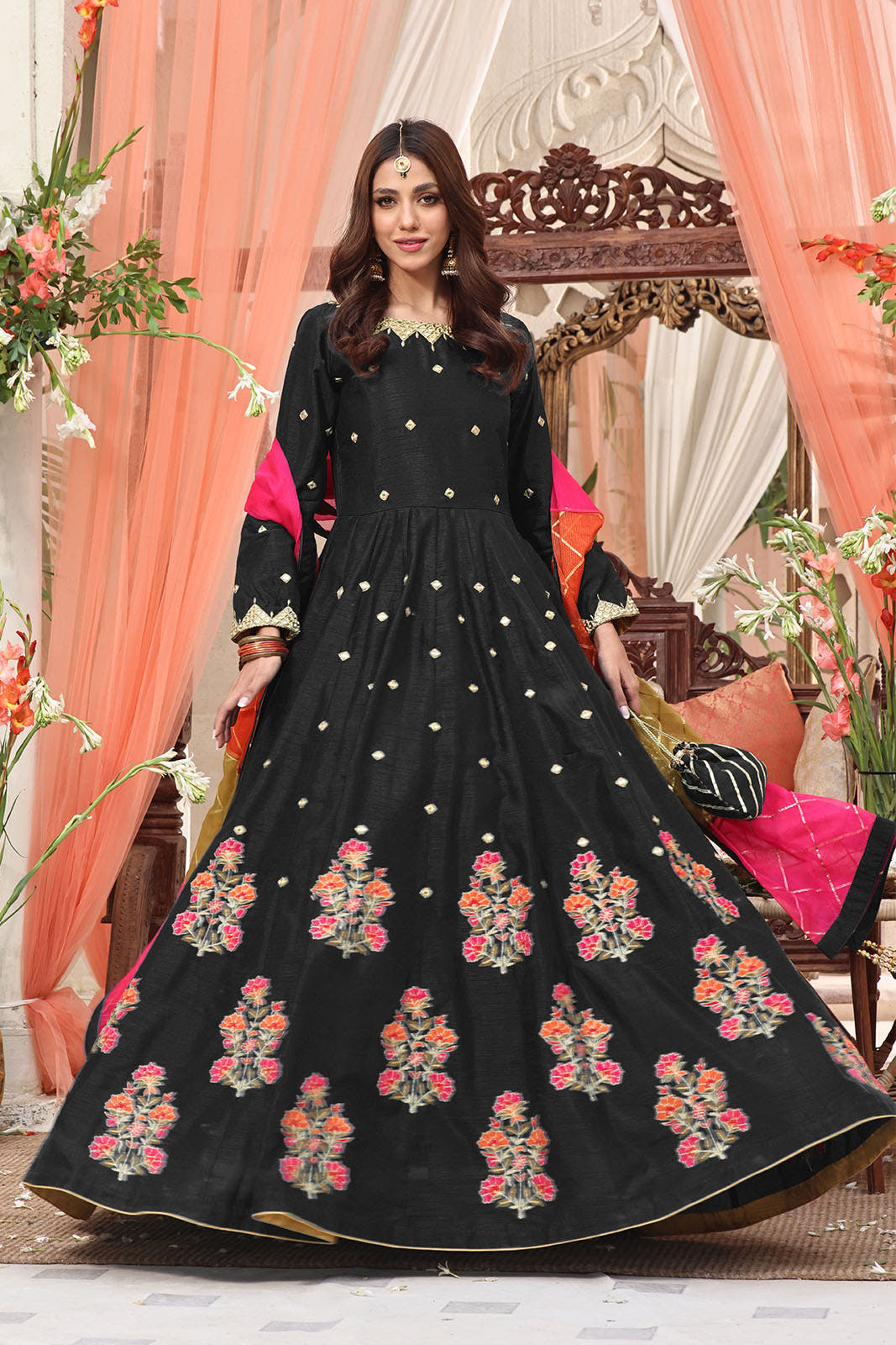 SANA'S red embroidered maxi dress Pakistan occasion wear