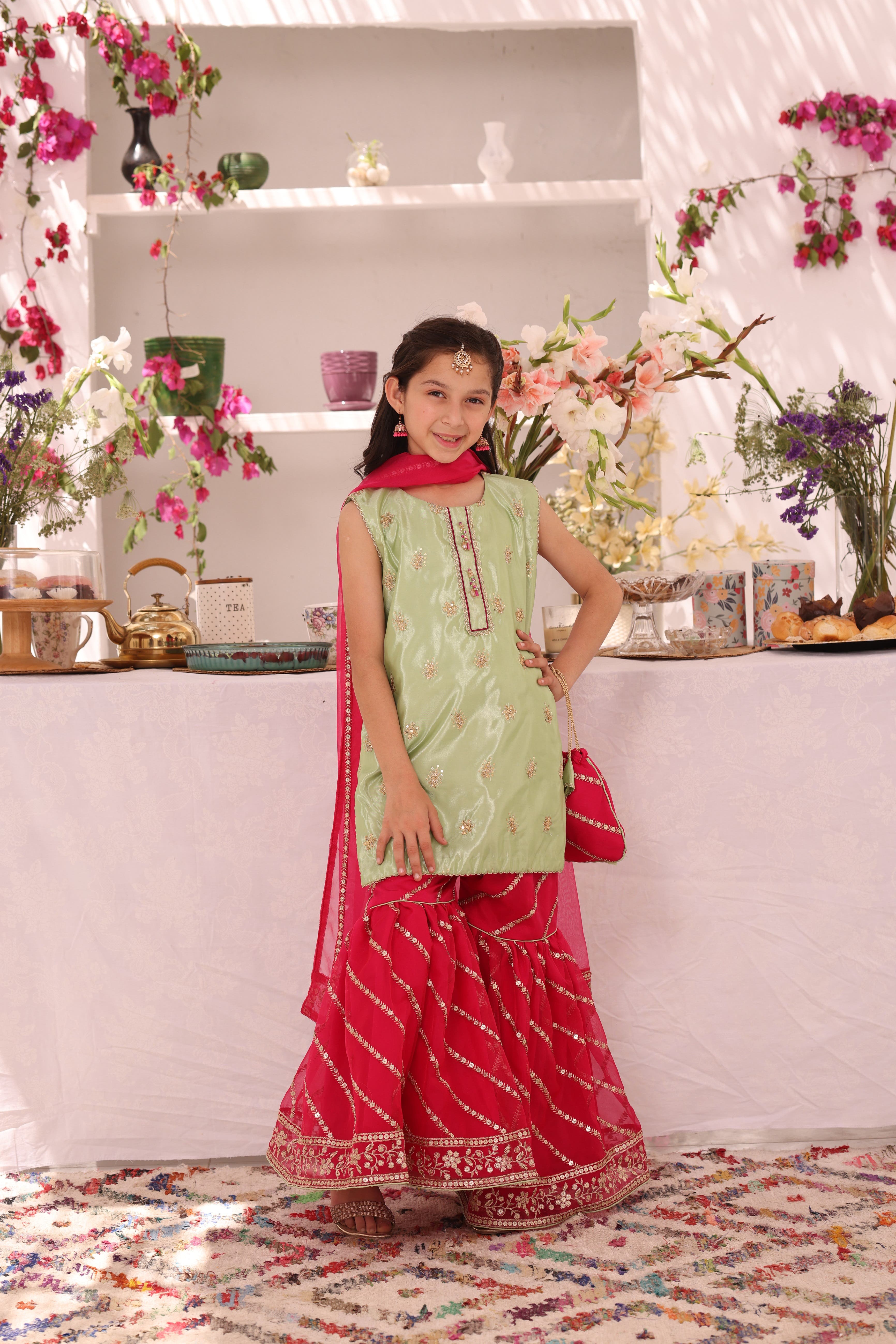 SANA'S red embroidered organza gharara suit Pakistan occasion wear