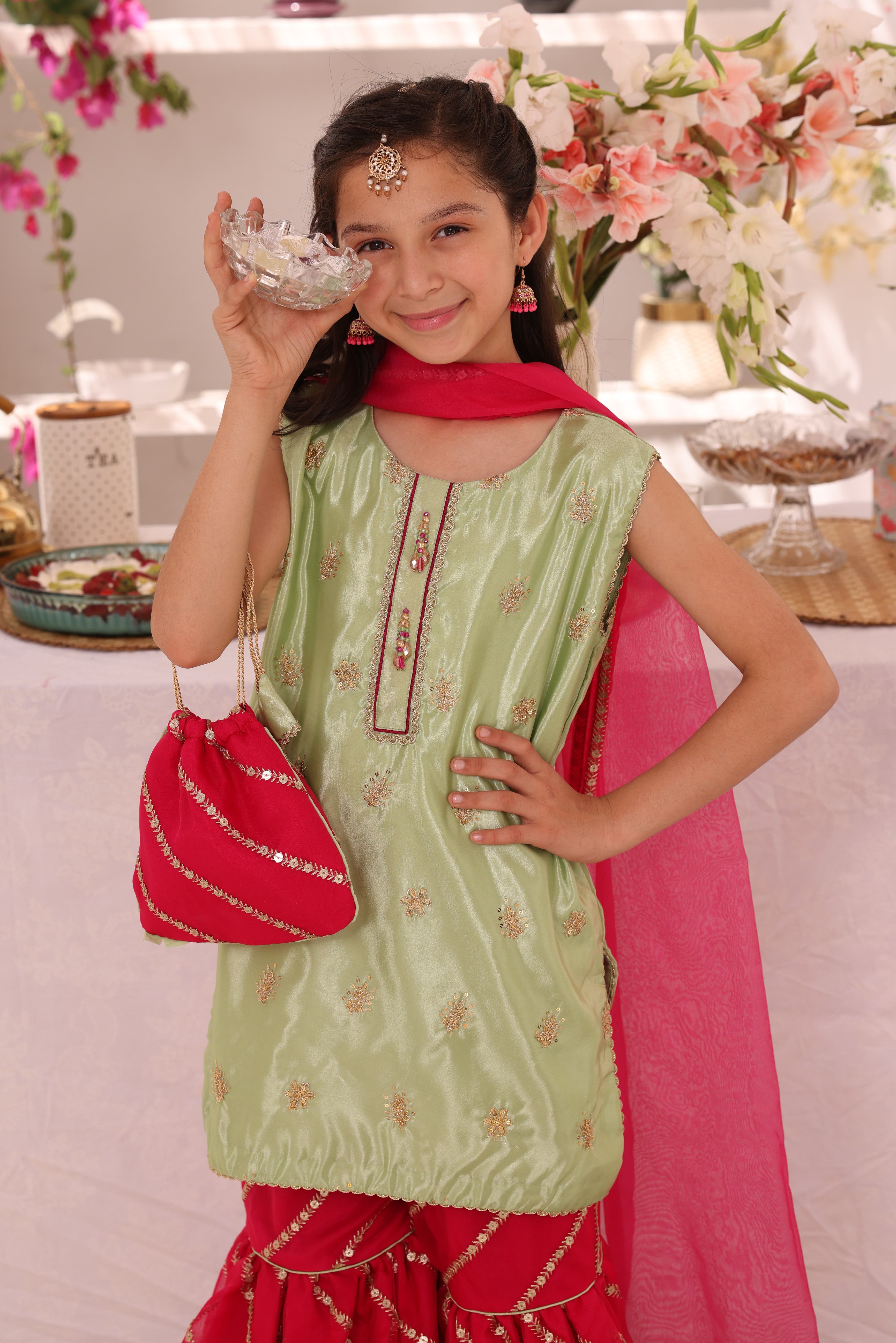 SANA'S red embroidered organza gharara suit Pakistan occasion wear
