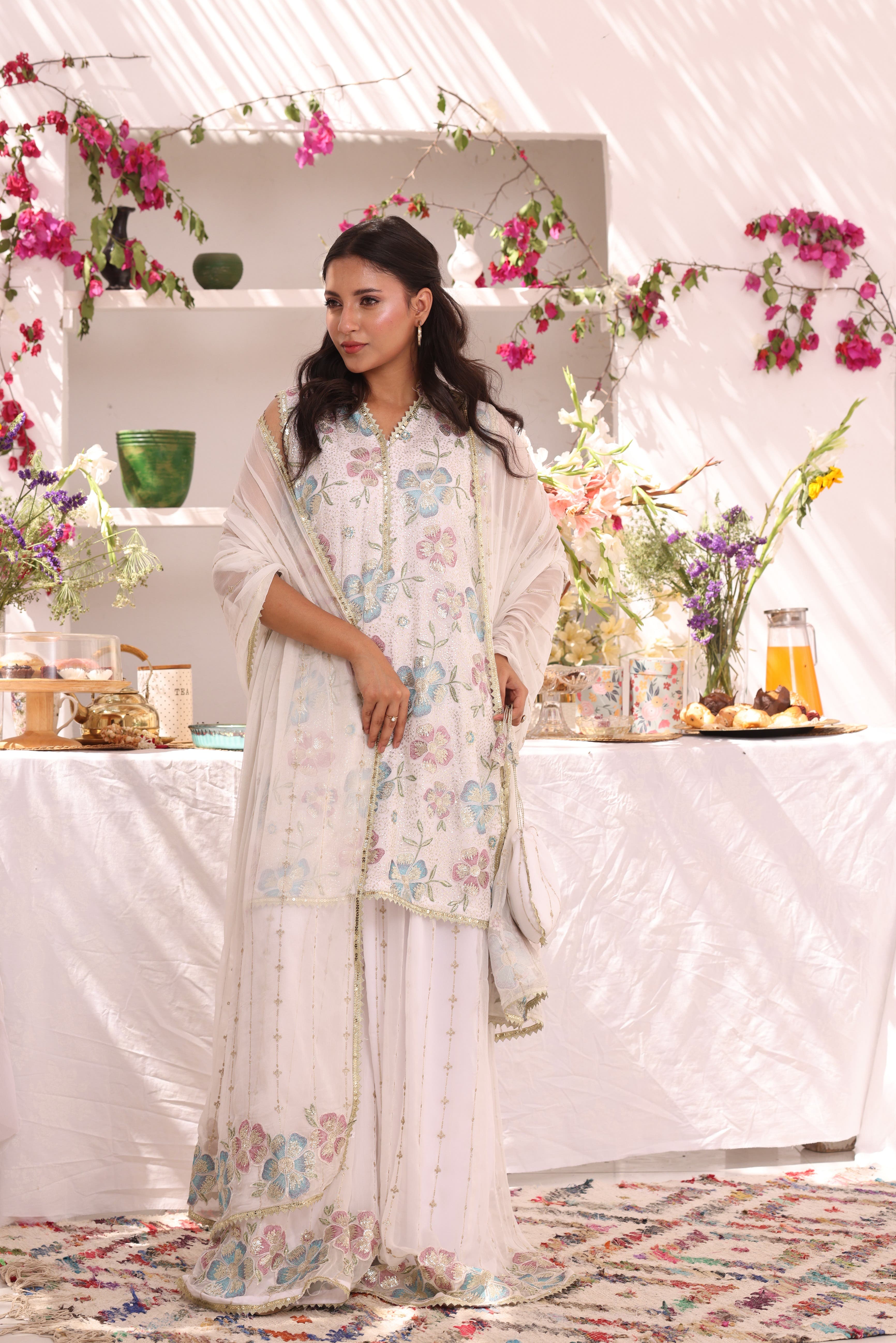 SANA'S red embroidered chiffon plazo suit Pakistan occasion wear