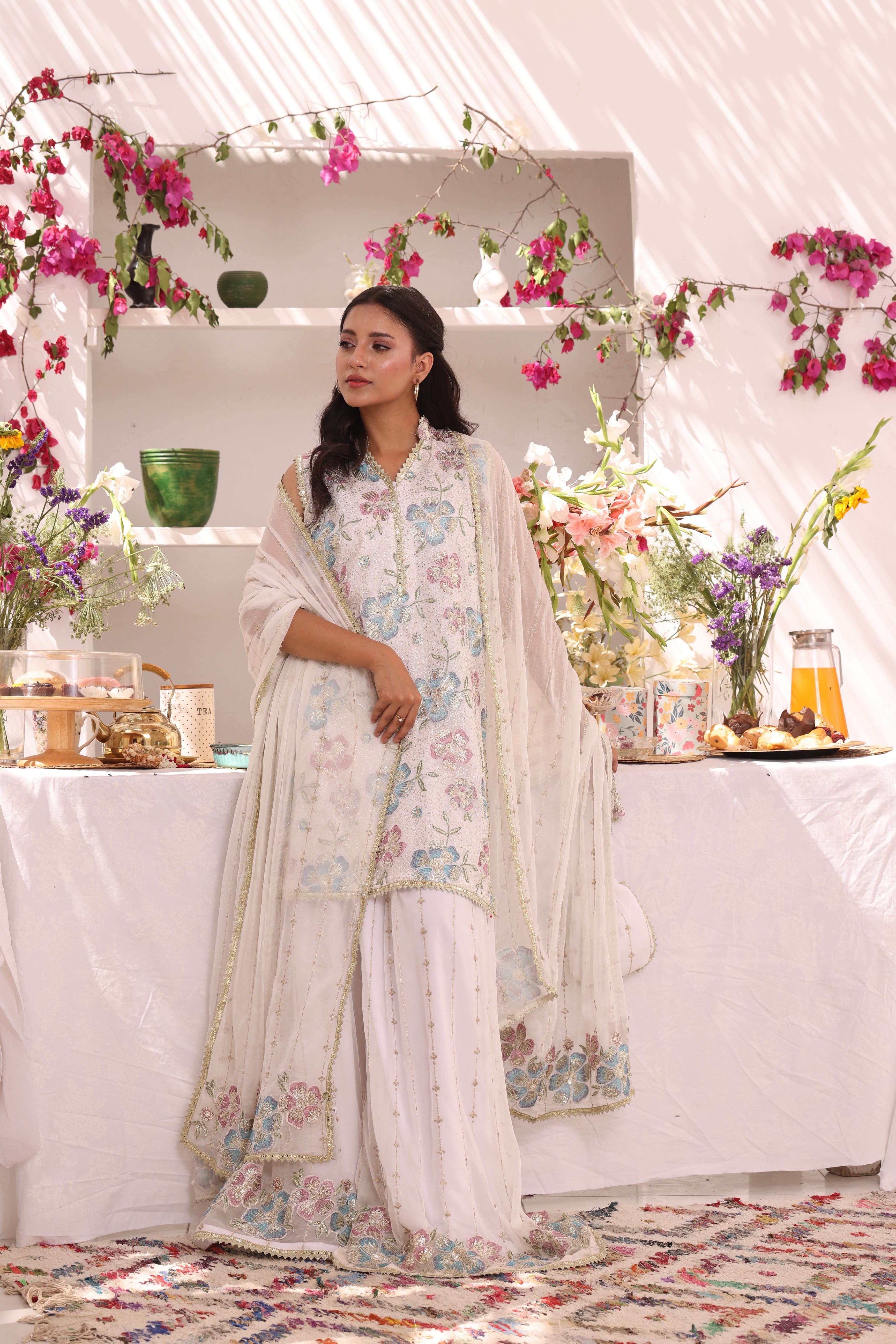 SANA'S red embroidered chiffon plazo suit Pakistan occasion wear