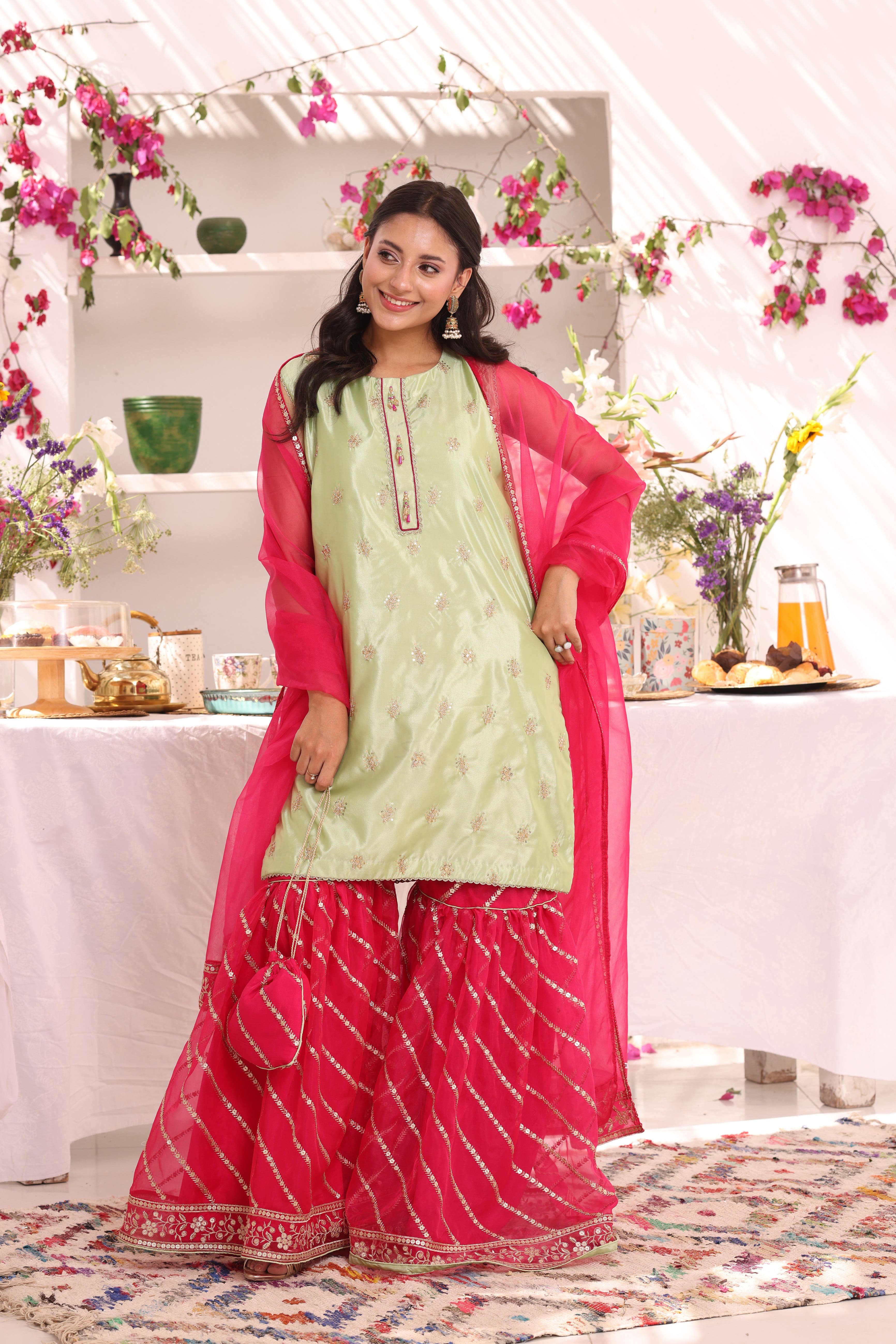 SANA'S red embroidered organza gharara suit Pakistan occasion wear