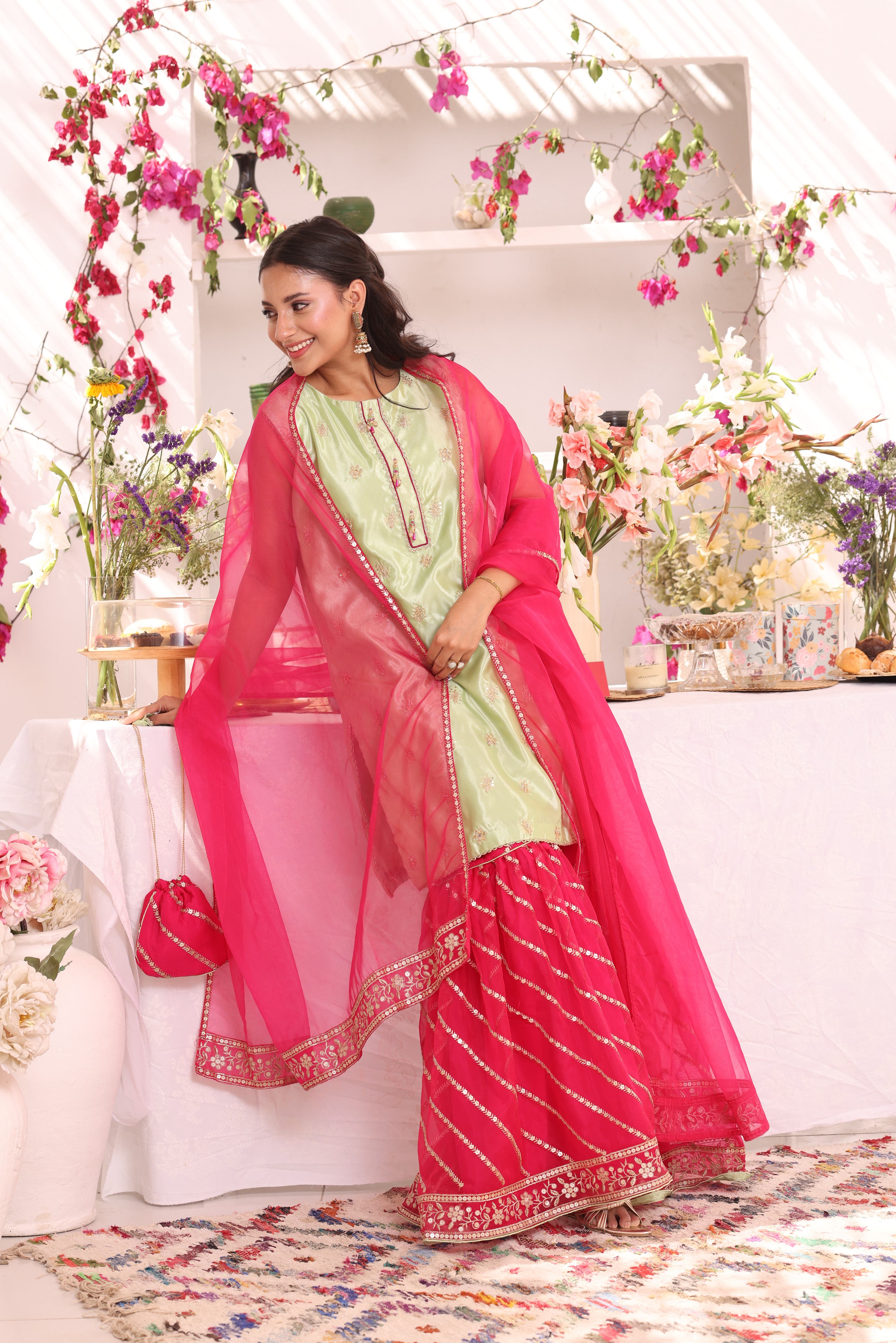 SANA'S red embroidered organza gharara suit Pakistan occasion wear