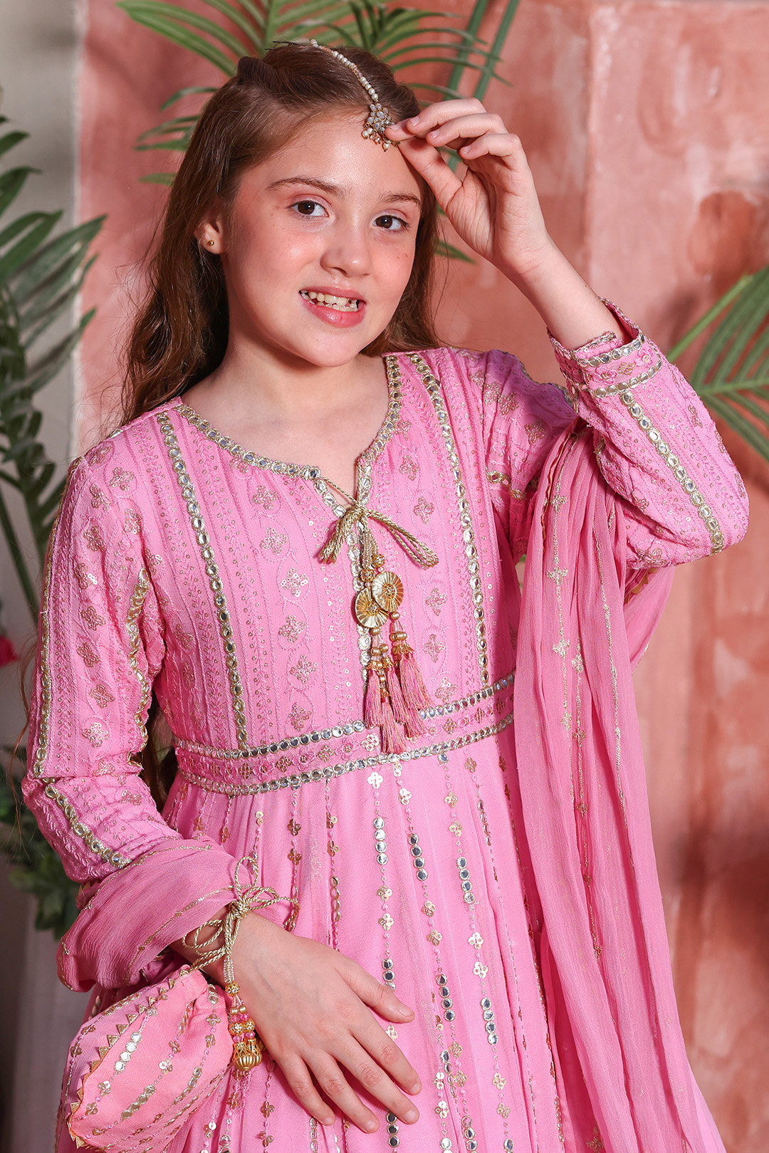Flamingo Pink Embroidered Luxury Festive Chiffon Maxi | Girls
