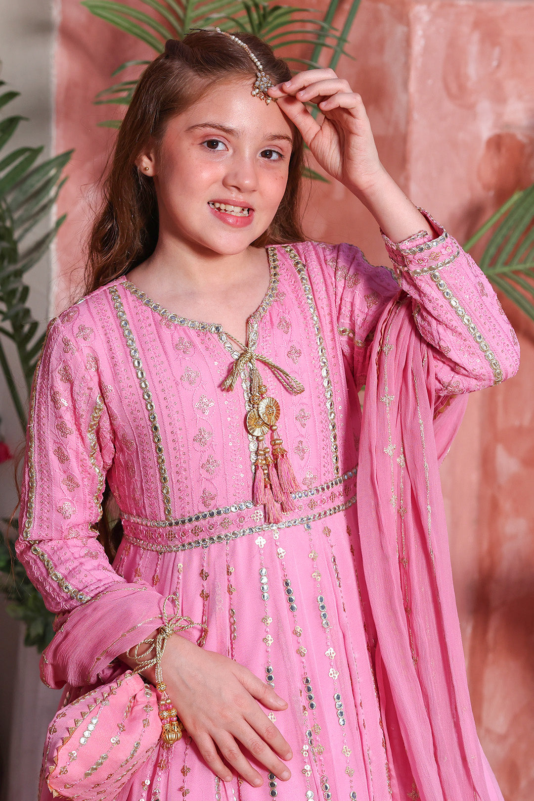 Flamingo Pink Embroidered Luxury Festive Chiffon Maxi | Girls