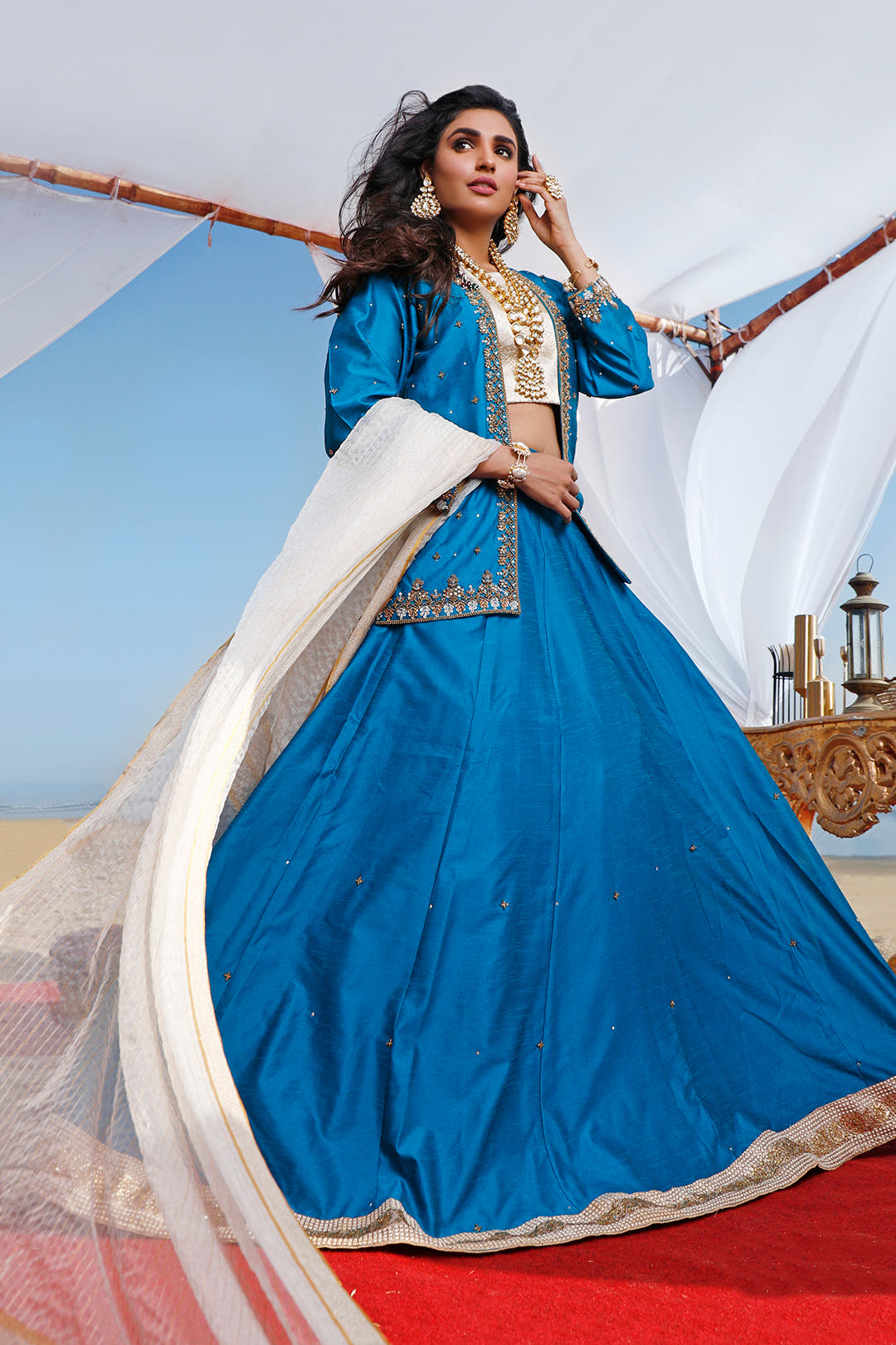 SANA'S red embroidered raw silk lehenga Pakistan occasion wear