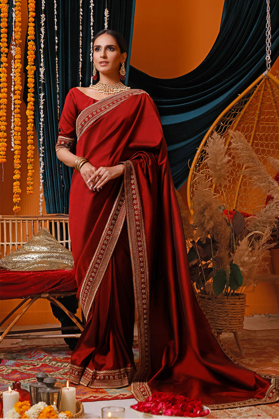 SANA'S red embroidered silk saree Pakistan occasion wear