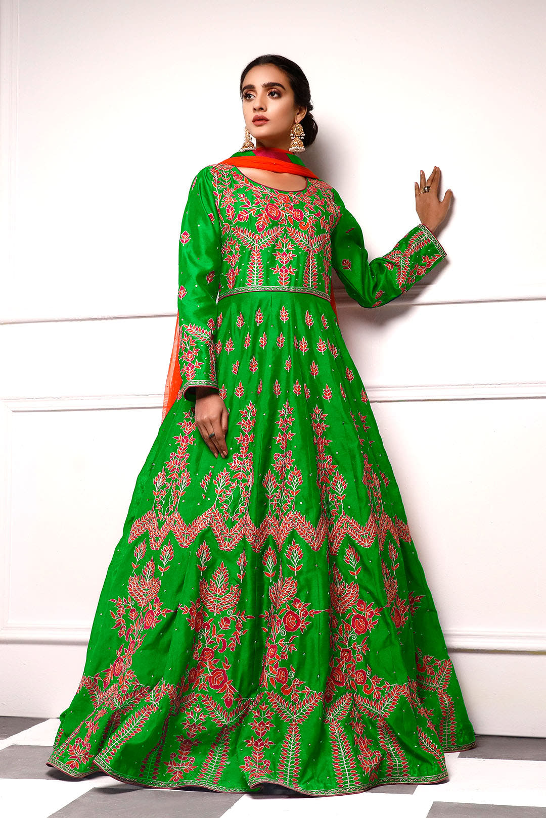 SANA'S red embroidered raw silk maxi dress Pakistan occasion wear