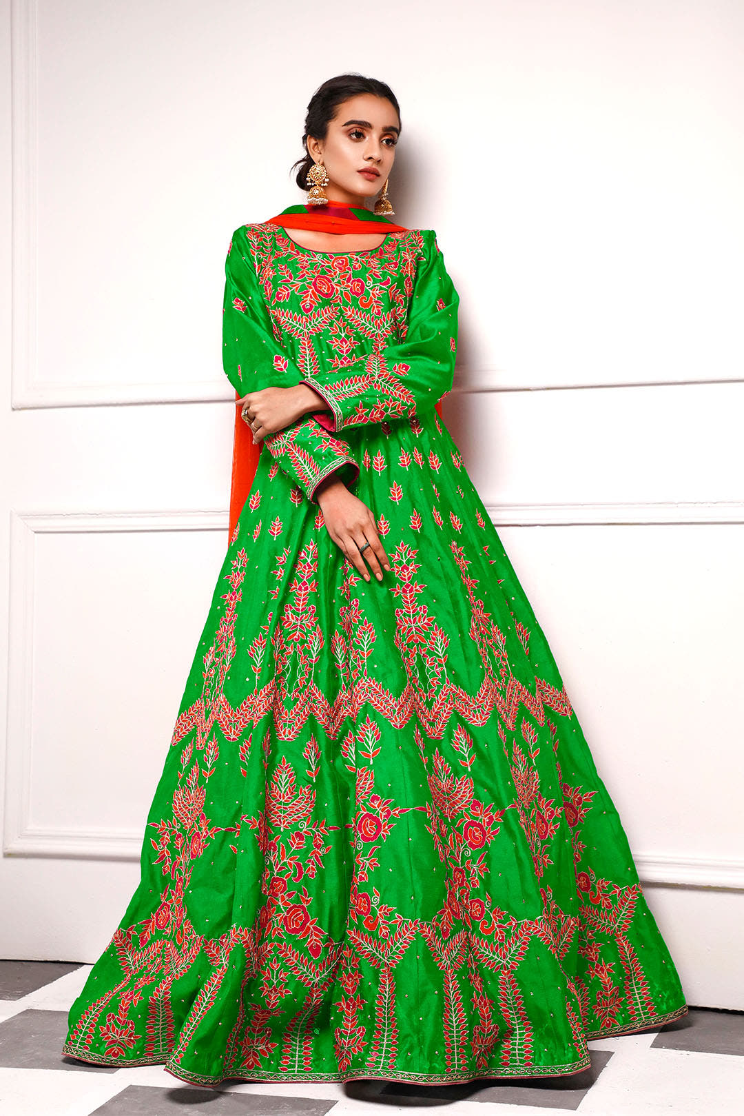 SANA'S red embroidered raw silk maxi dress Pakistan occasion wear