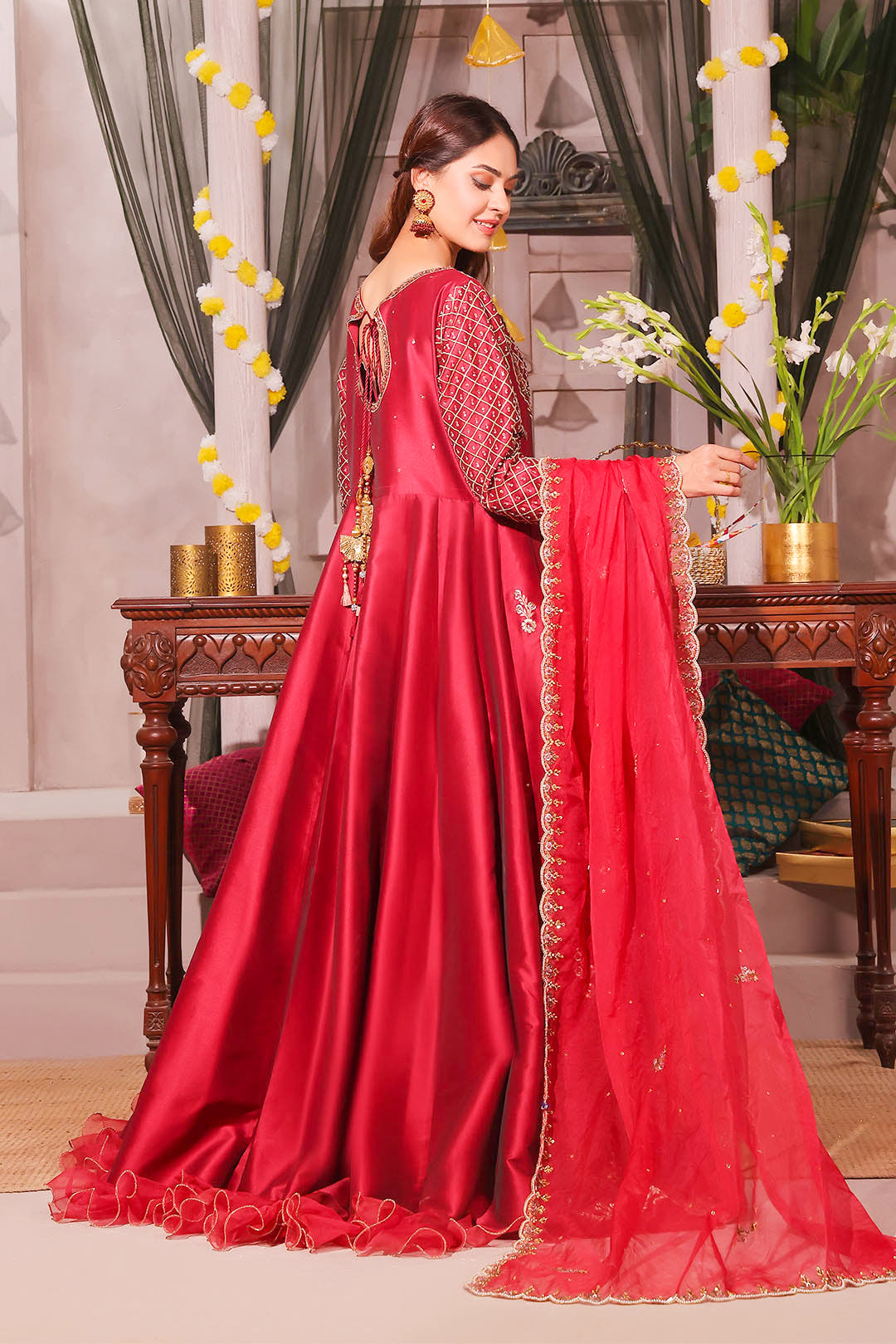 SANA'S red embroidered silk maxi dress Pakistan occasion wear