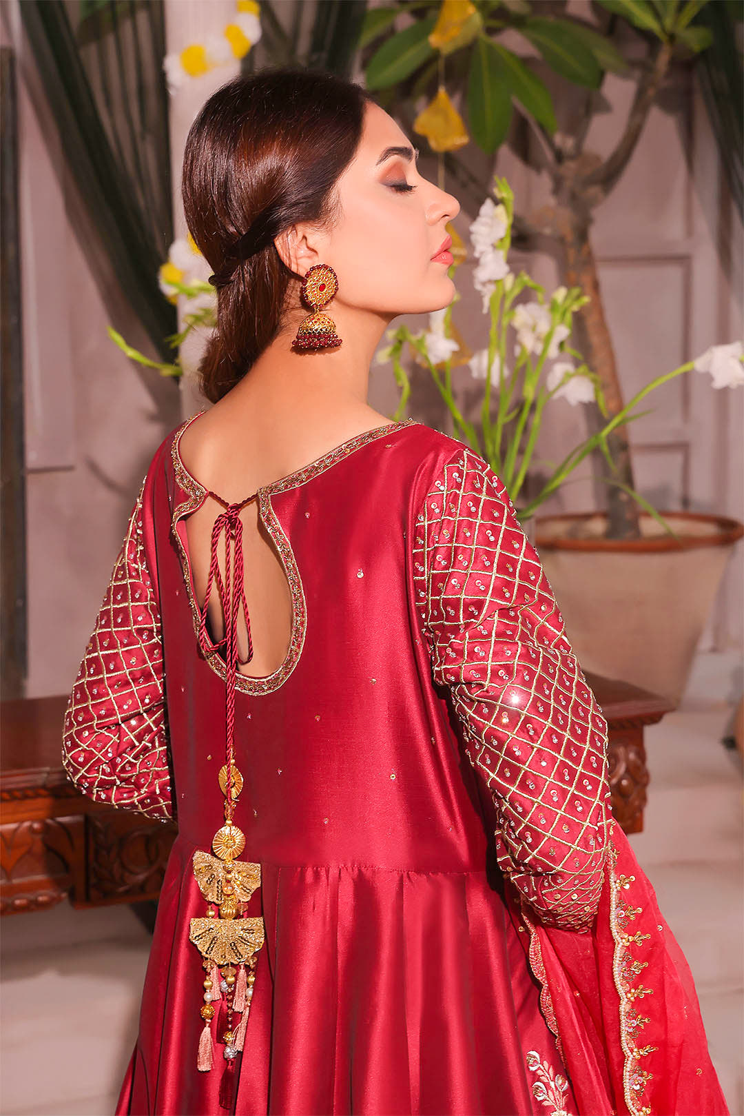 SANA'S red embroidered silk maxi dress Pakistan occasion wear