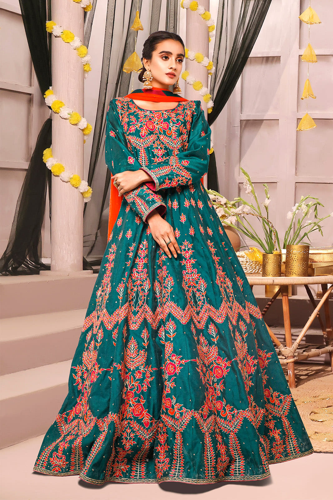 SANA'S red embroidered raw silk maxi dress Pakistan occasion wear