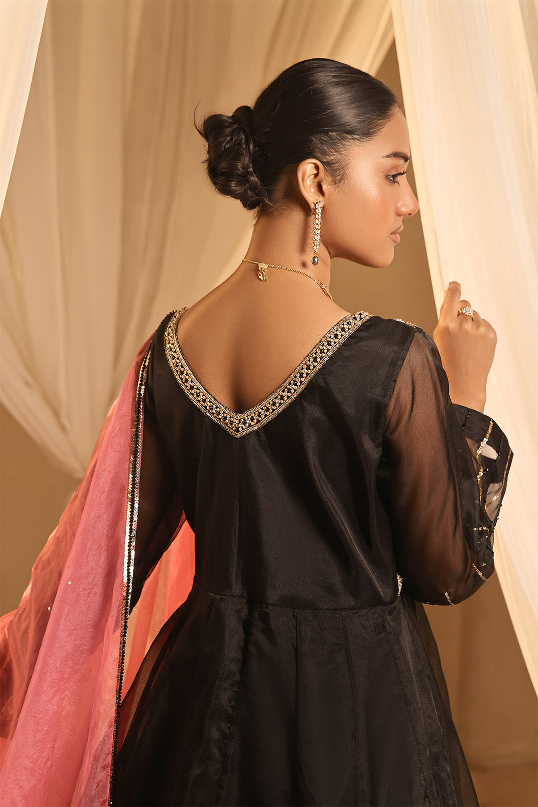 SANA'S red embroidered organza maxi dress Pakistan occasion wear