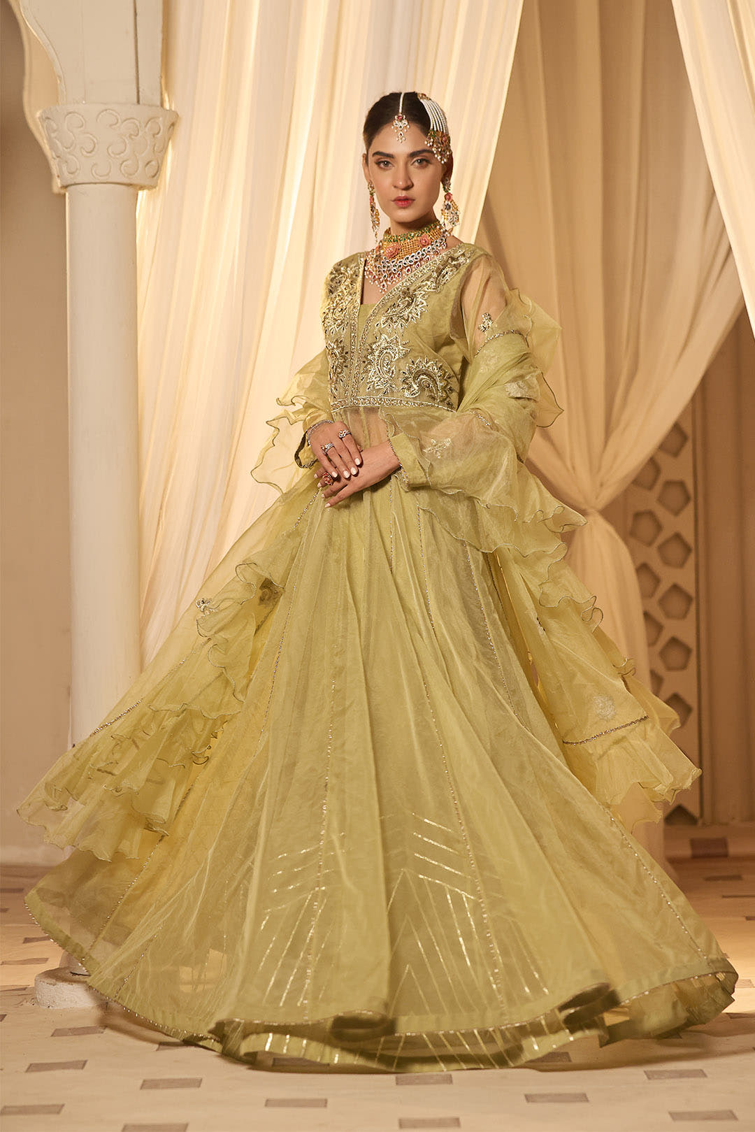 SANA'S red embroidered organza maxi dress Pakistan occasion wear