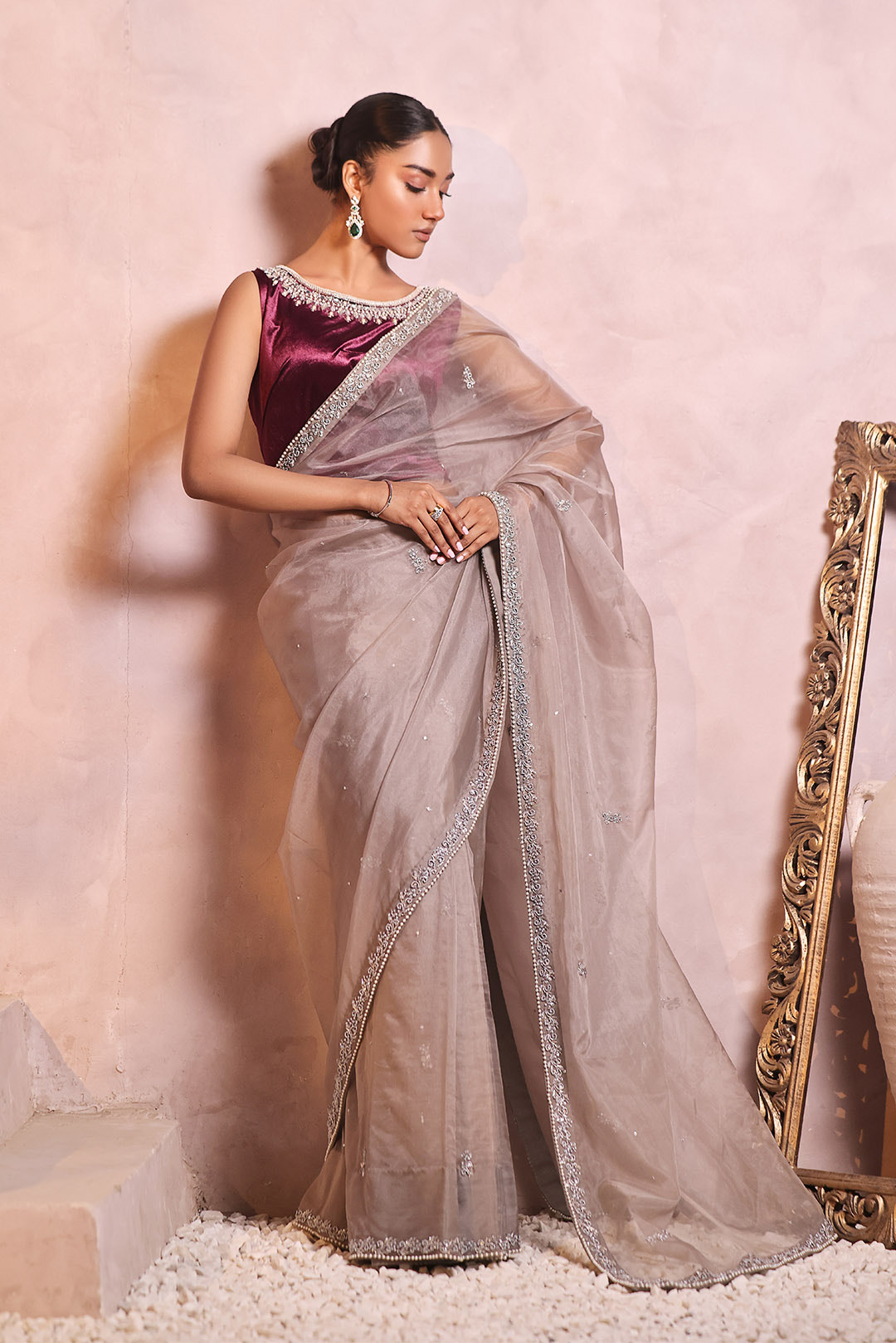 SANA'S red embroidered velvet saree Pakistan occasion wear