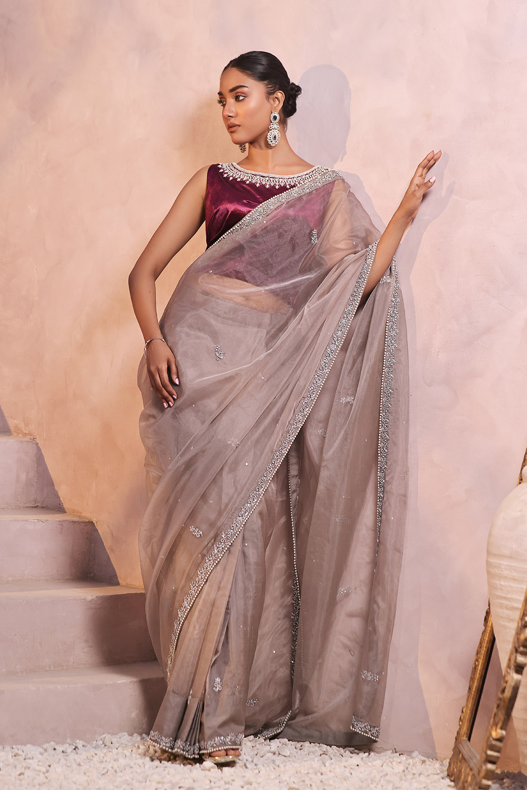 SANA'S red embroidered velvet saree Pakistan occasion wear