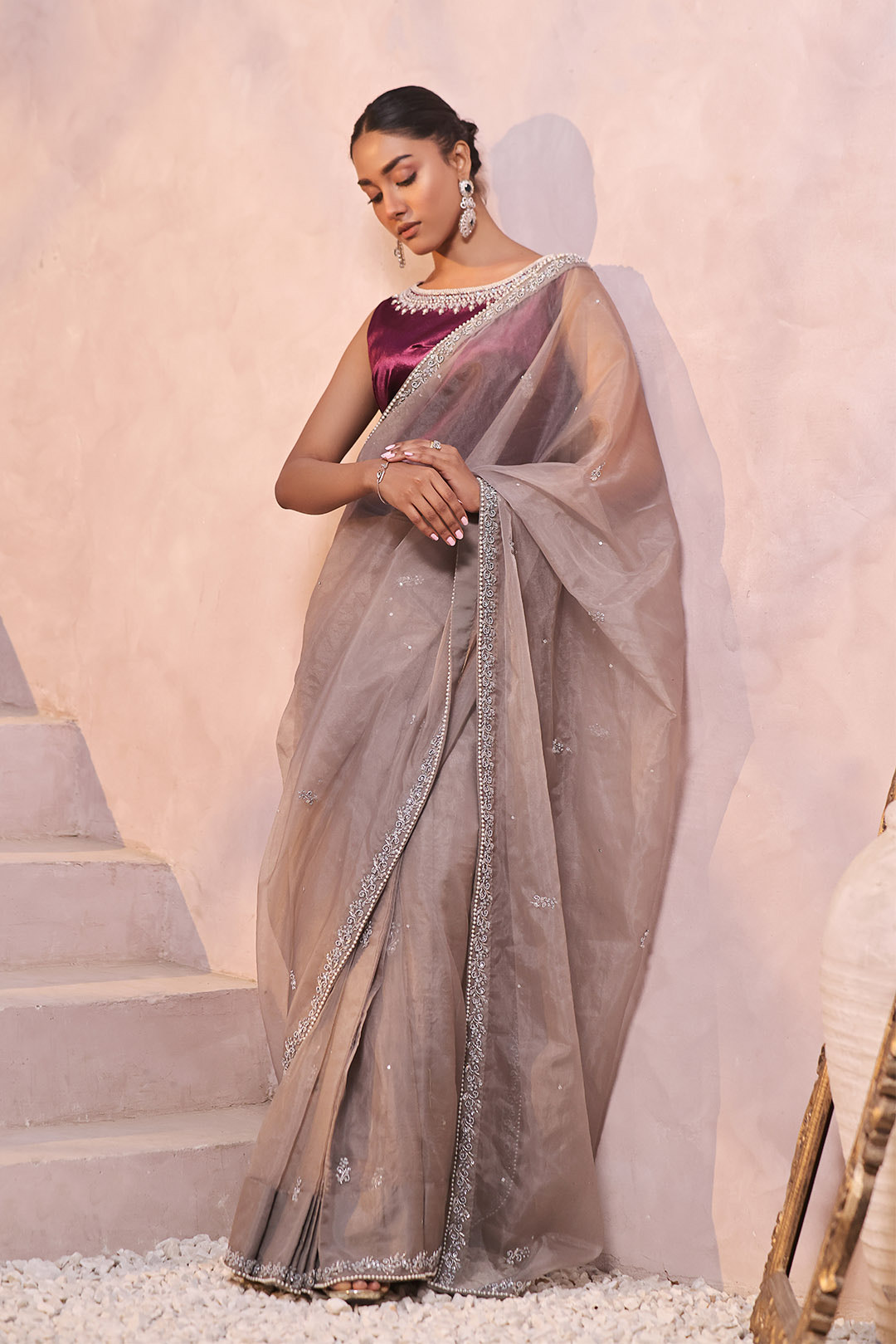 SANA'S red embroidered velvet saree Pakistan occasion wear