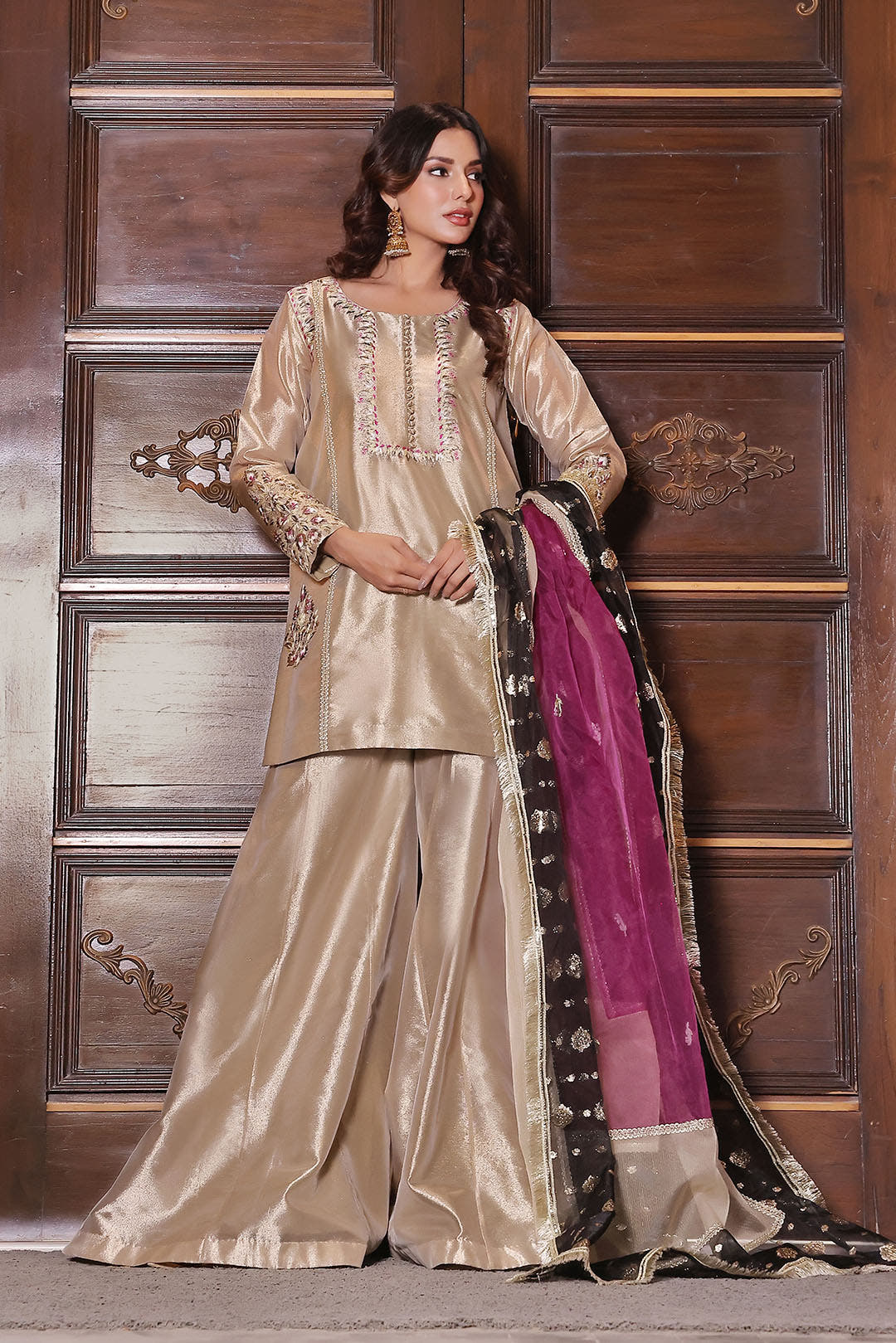 SANA'S red embroidered brocade plazo suit Pakistan occasion wear