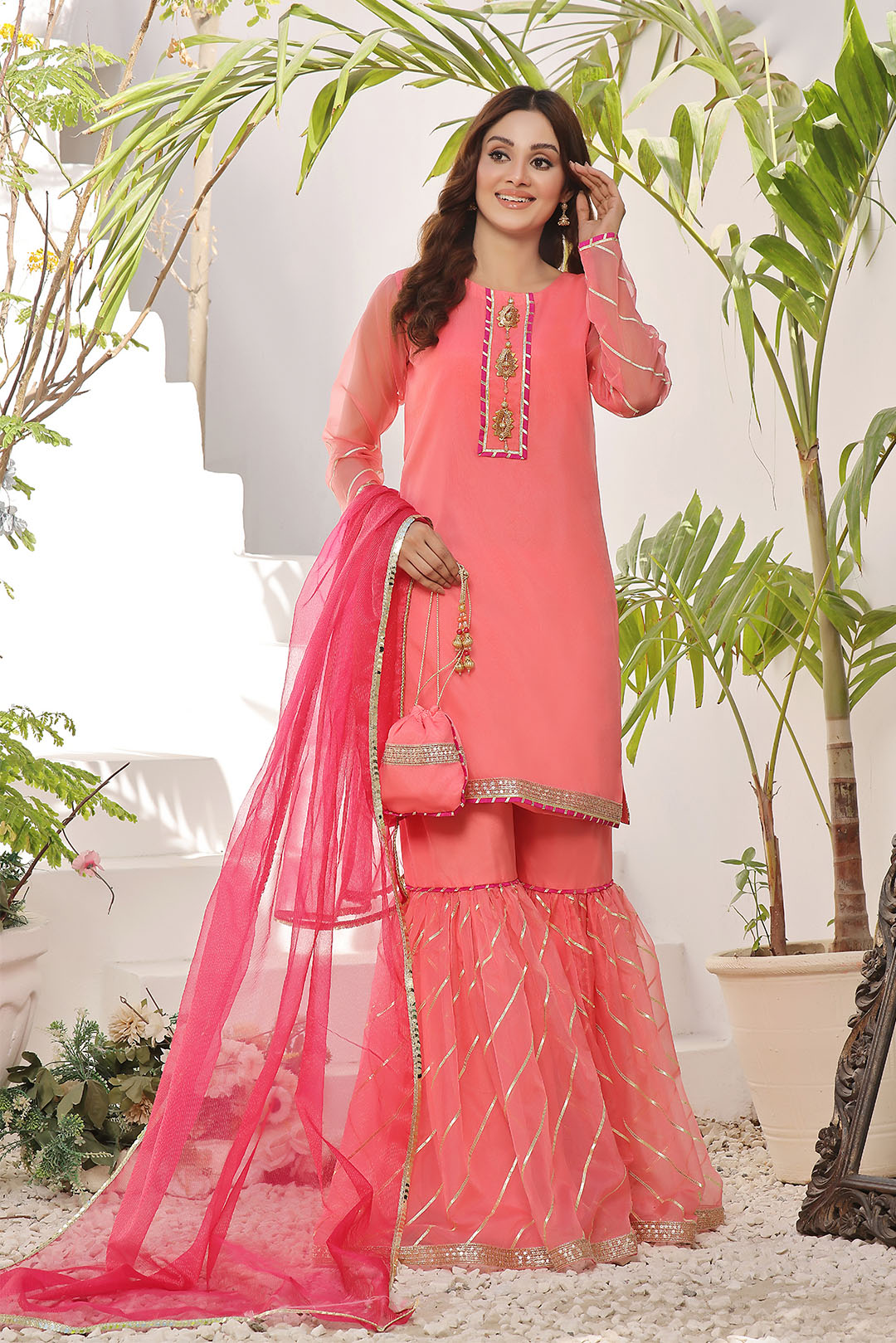 SANA'S red embroidered organza gharara suit Pakistan occasion wear