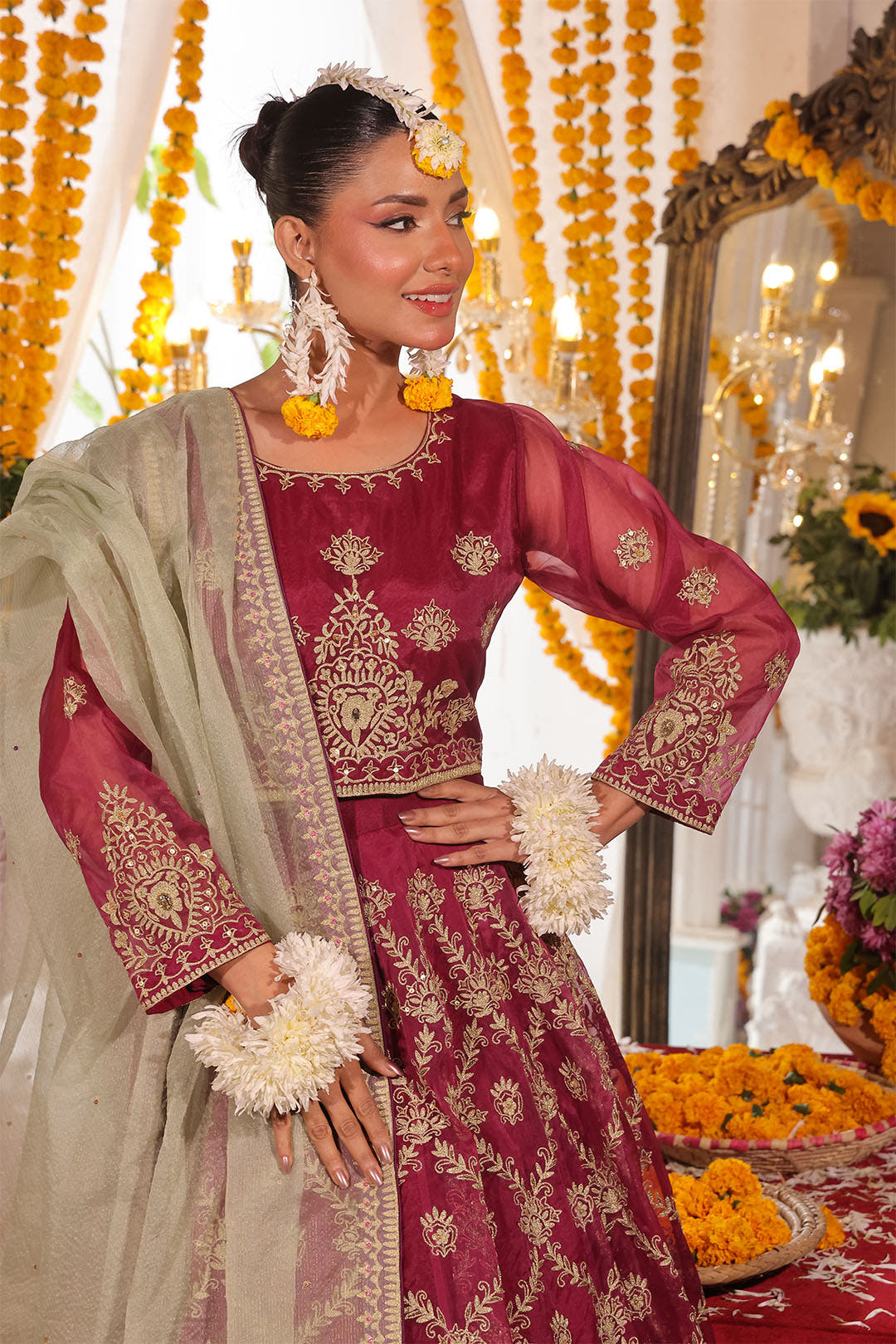 SANA'S red embroidered organza lehenga Pakistan occasion wear