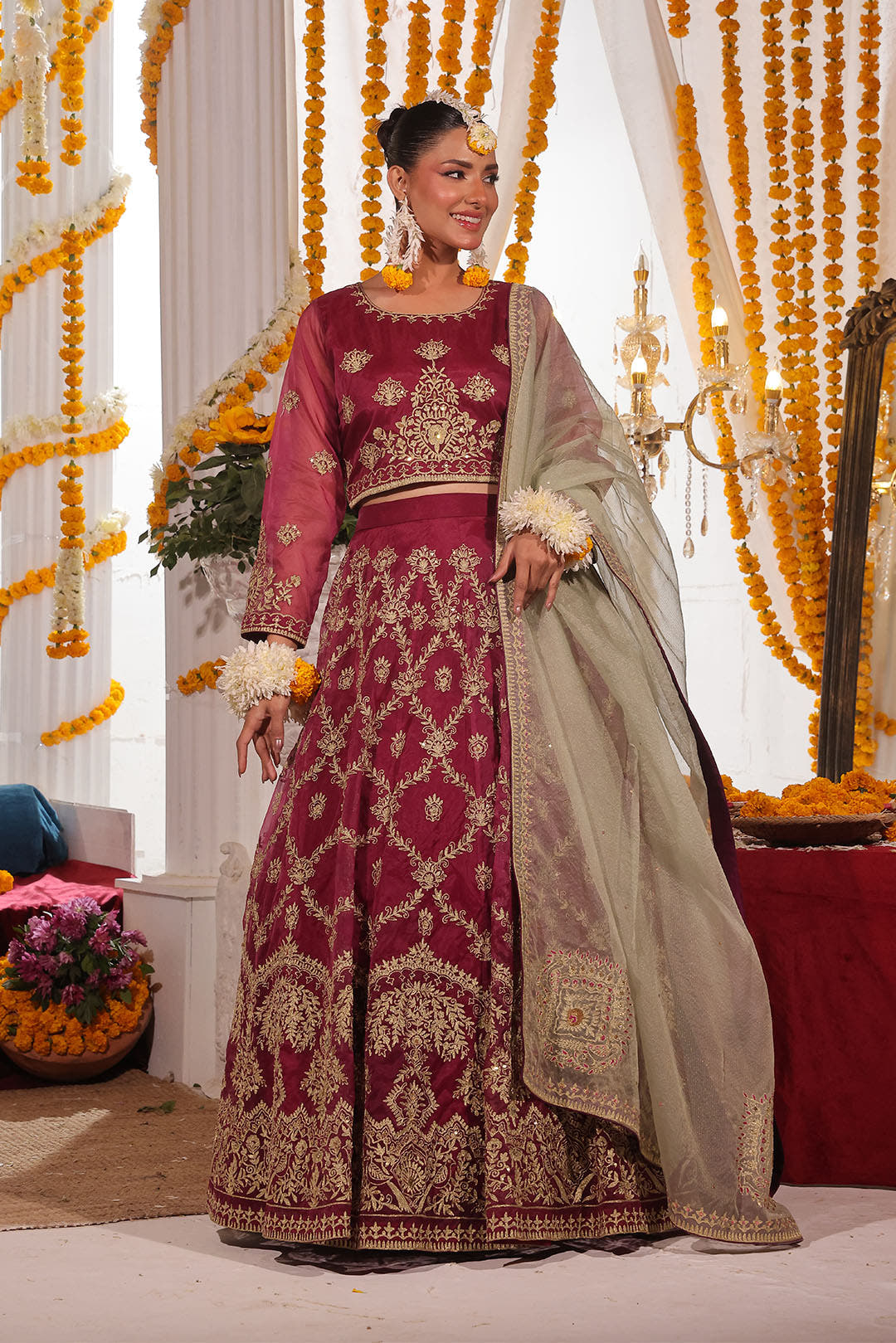 SANA'S red embroidered organza lehenga Pakistan occasion wear