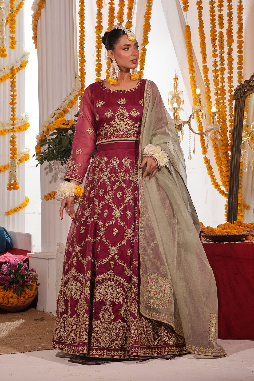 SANA'S red embroidered organza lehenga Pakistan occasion wear