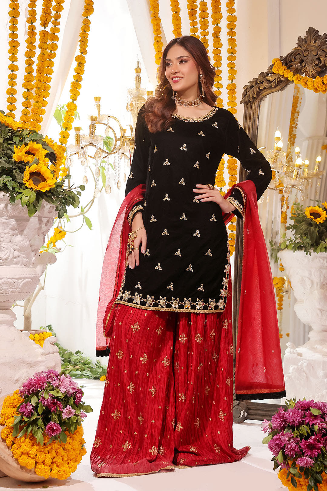 SANA'S red embroidered velvet plazo suit Pakistan occasion wear