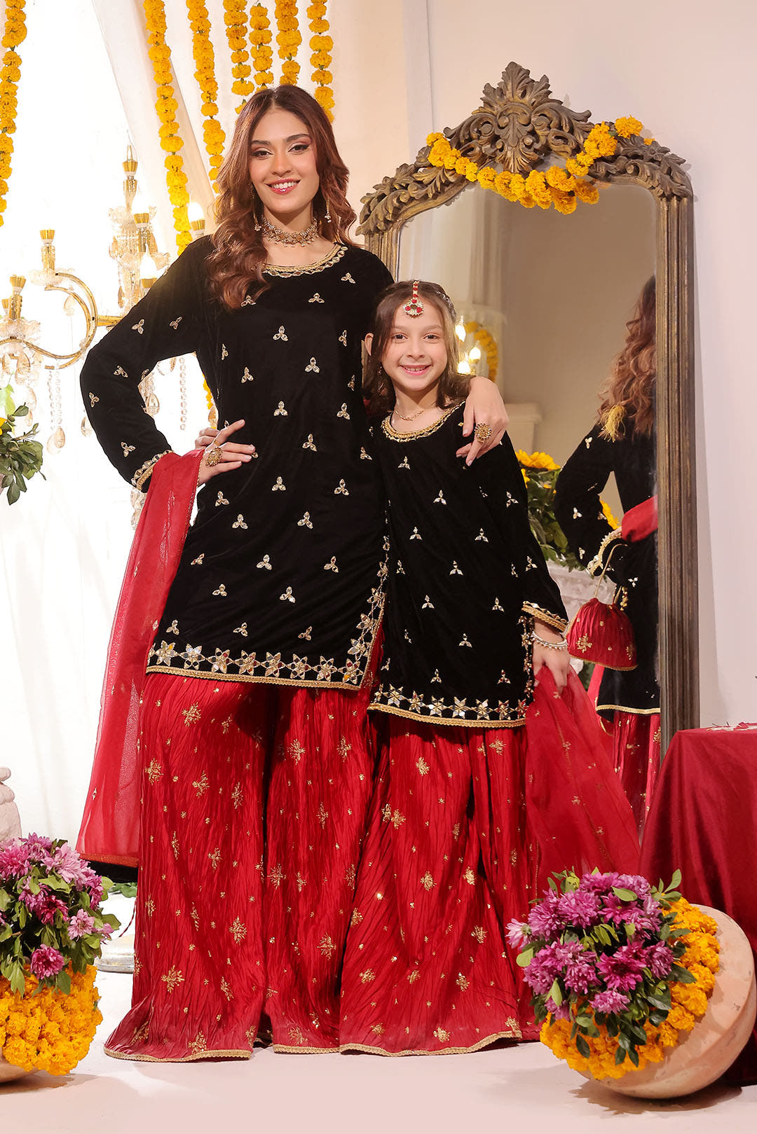 SANA'S red embroidered velvet plazo suit Pakistan occasion wear