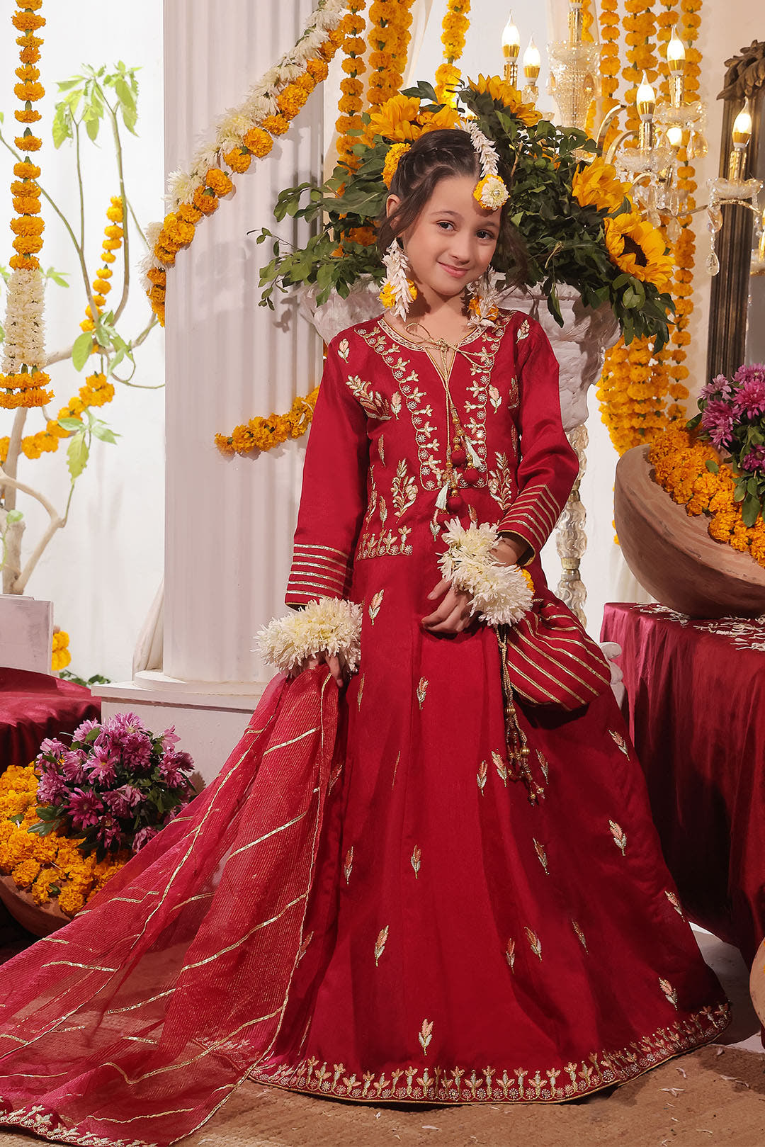 SANA'S red embroidered raw silk maxi dress Pakistan occasion wear