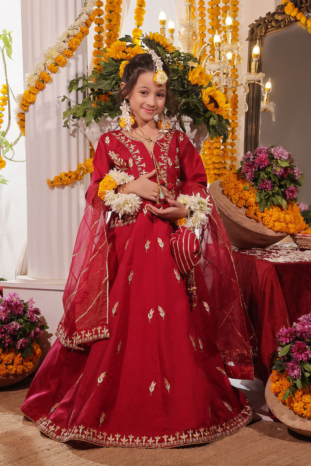 SANA'S red embroidered raw silk maxi dress Pakistan occasion wear
