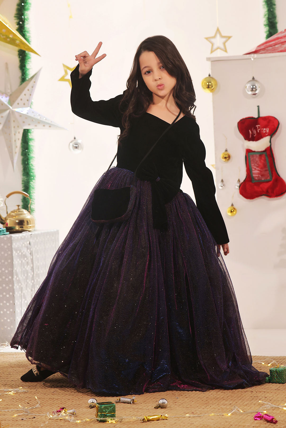 Two Tone Metallic Glitter Net Maxi | Winter Festive | WM3245