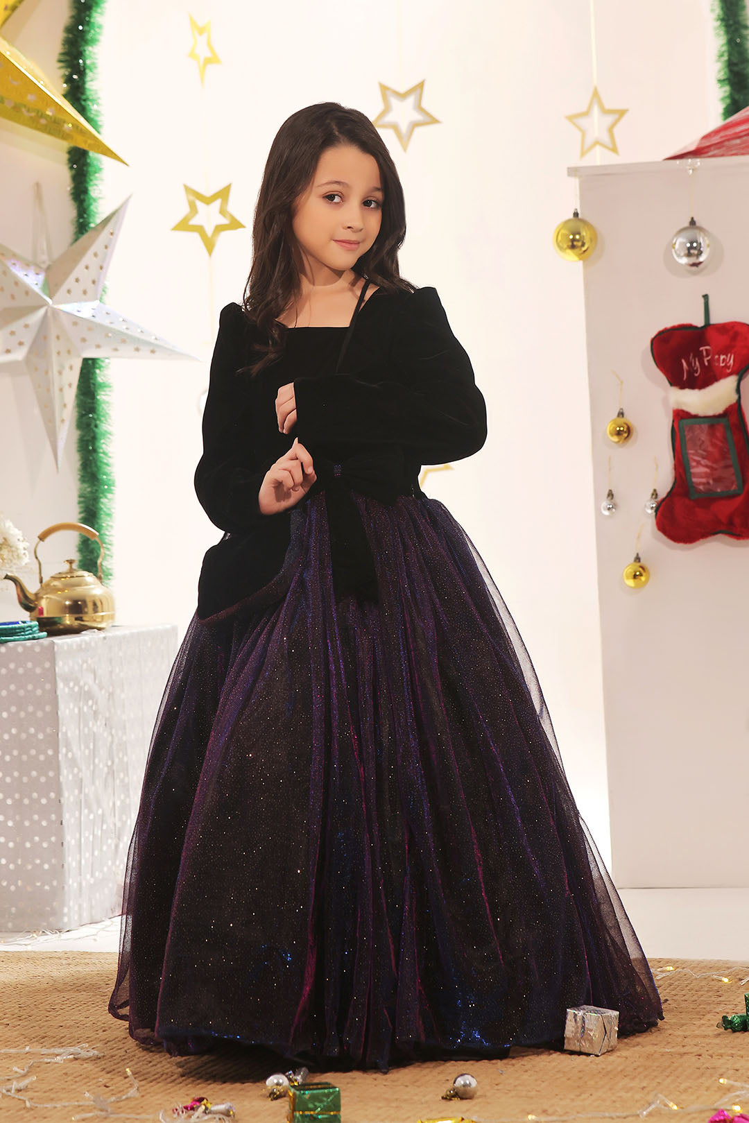 Two Tone Metallic Glitter Net Maxi | Winter Festive | WM3245