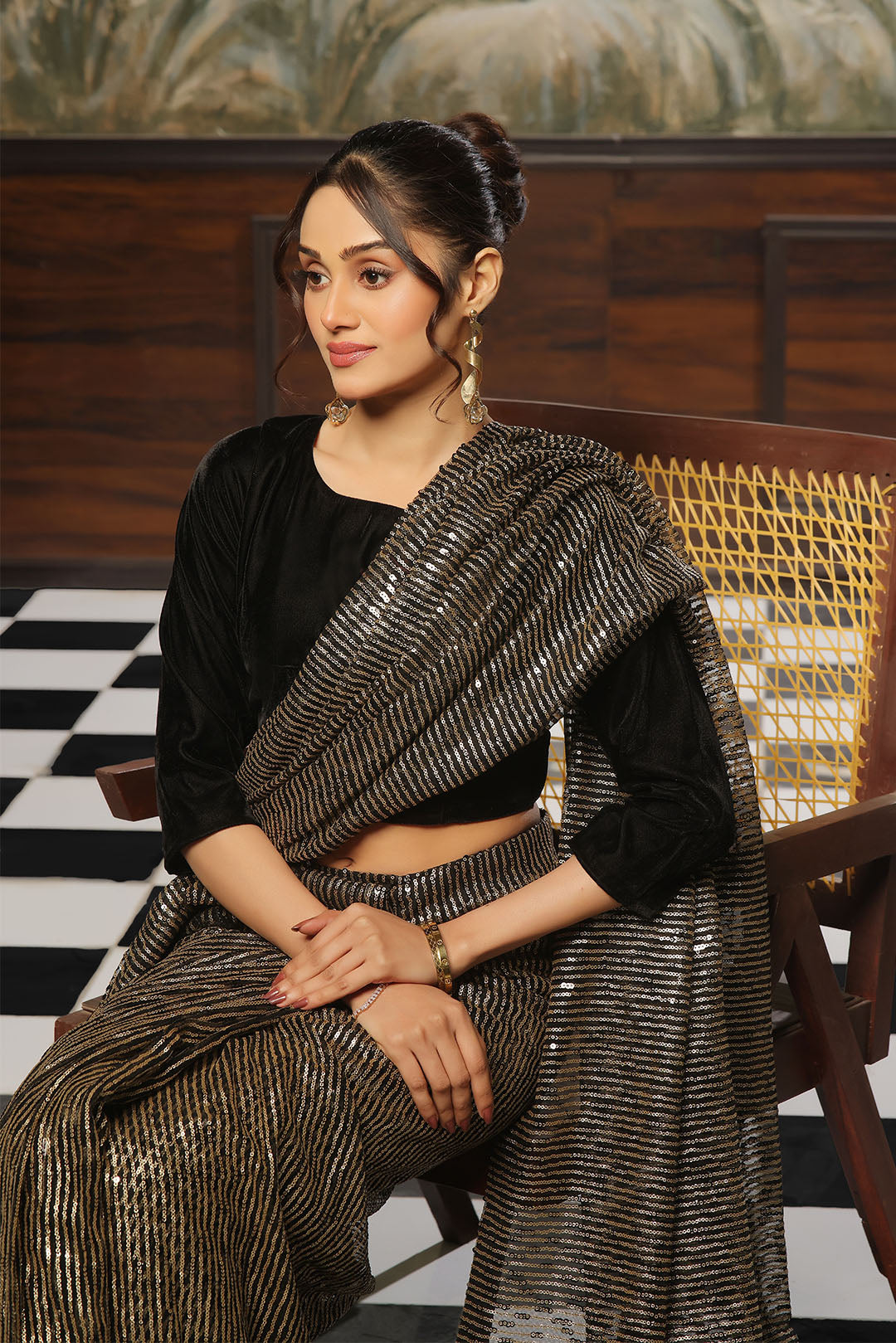 Striped Gold Sequins Saree | SHENDI | SR202385