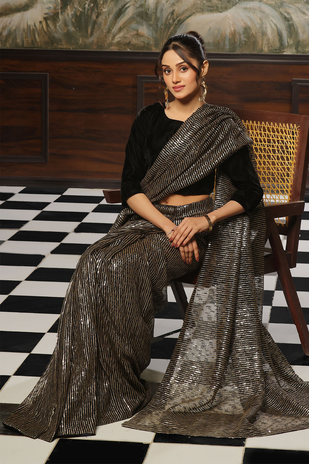 Striped Gold Sequins Saree | SHENDI | SR202385