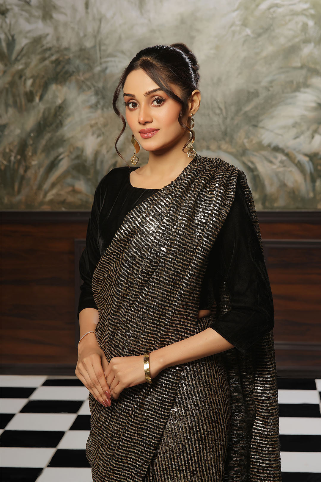 Striped Gold Sequins Saree | SHENDI | SR202385