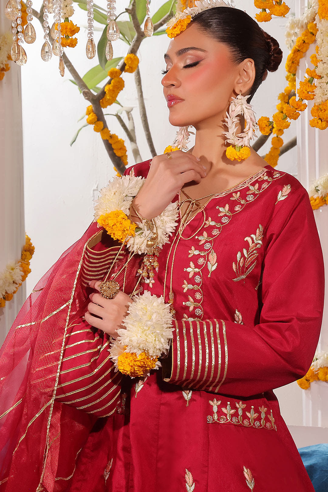 SANA'S red embroidered raw silk maxi dress Pakistan occasion wear