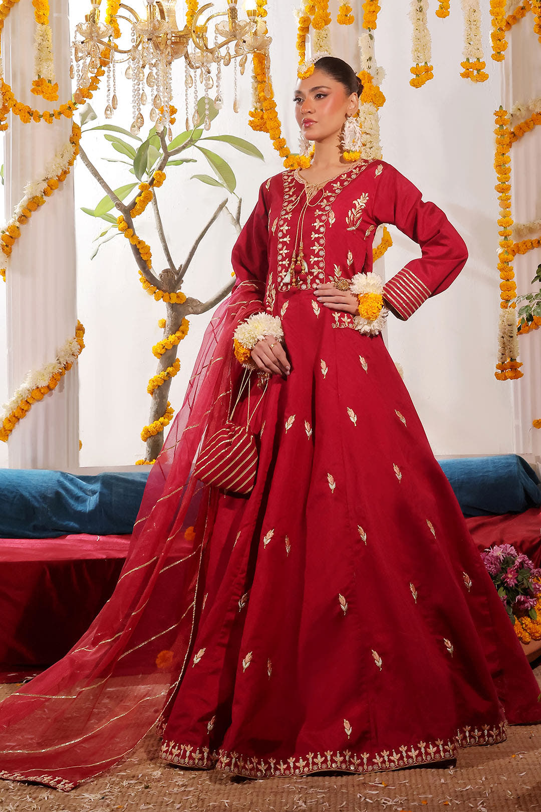SANA'S red embroidered raw silk maxi dress Pakistan occasion wear