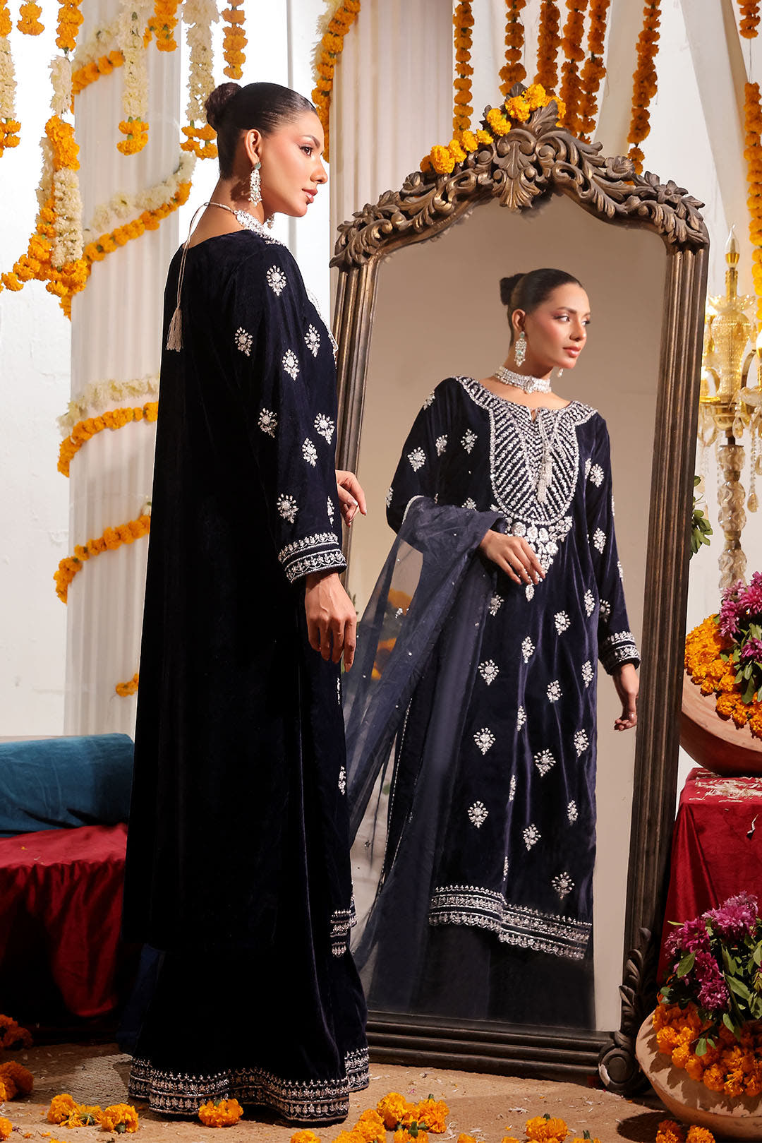 SANA'S red embroidered velvet suit Pakistan occasion wear
