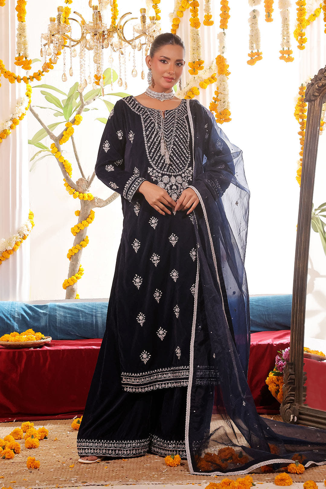 SANA'S red embroidered velvet suit Pakistan occasion wear