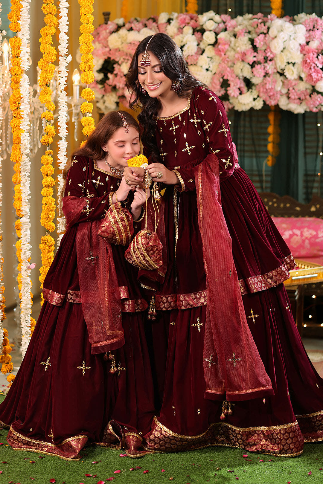 SANA'S red embroidered velvet lehenga Pakistan occasion wear