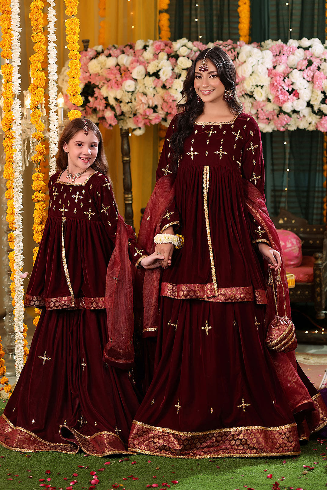 SANA'S red embroidered velvet lehenga Pakistan occasion wear