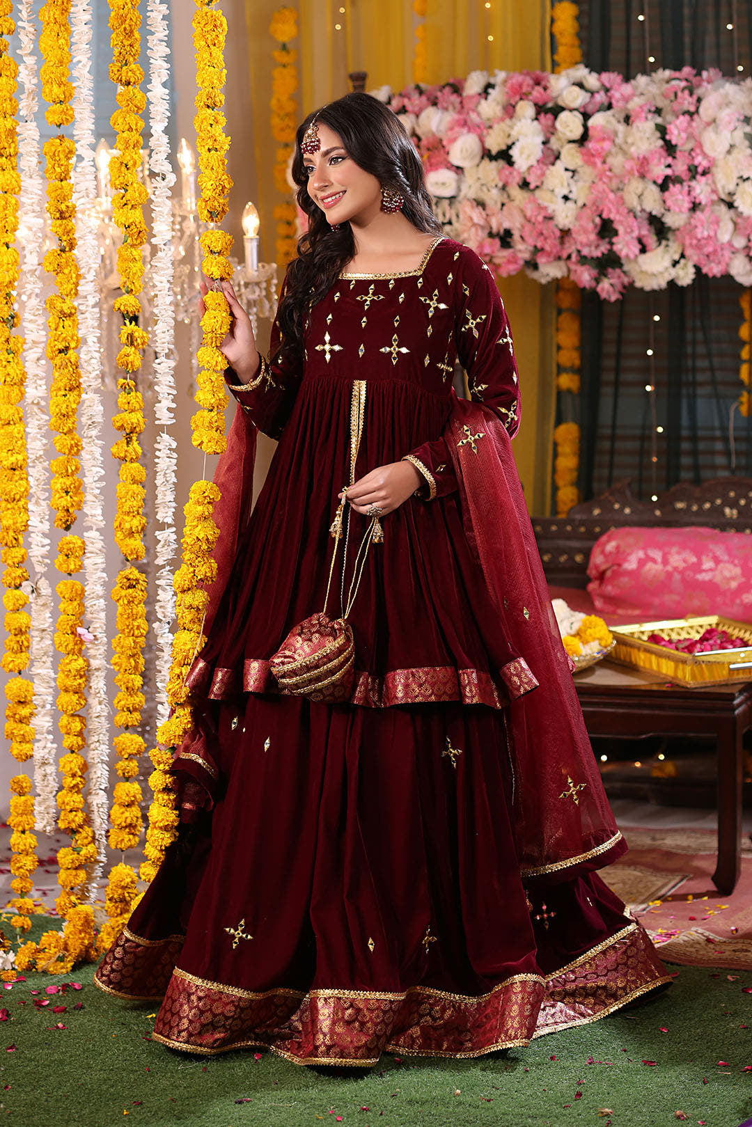 SANA'S red embroidered velvet lehenga Pakistan occasion wear