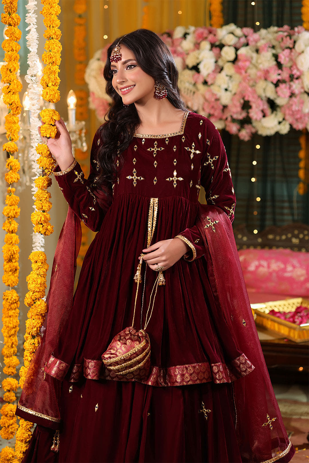 SANA'S red embroidered velvet lehenga Pakistan occasion wear