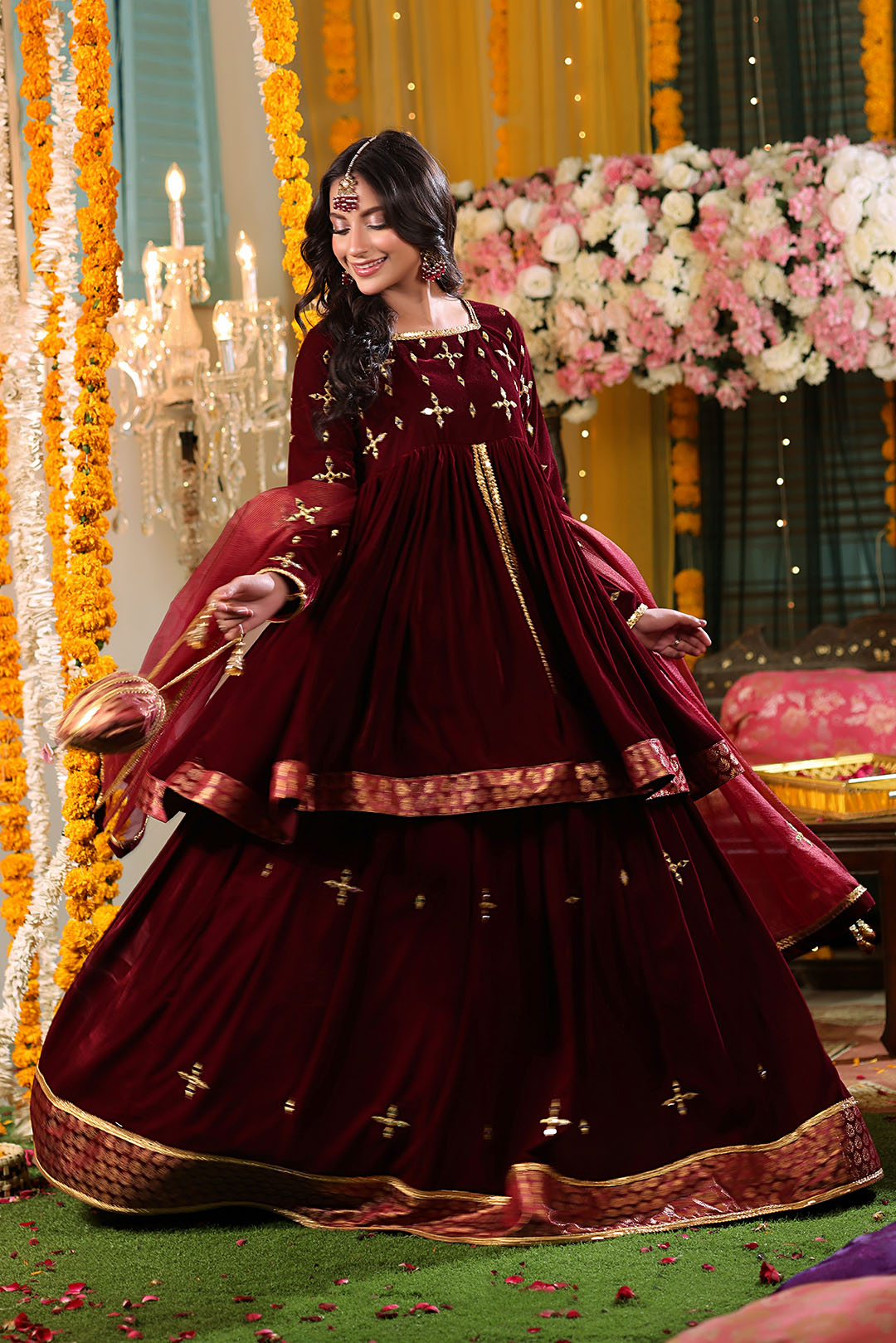 Mirror Embroidered Peplum Style Velvet Lehenga | SHENDI | L123279