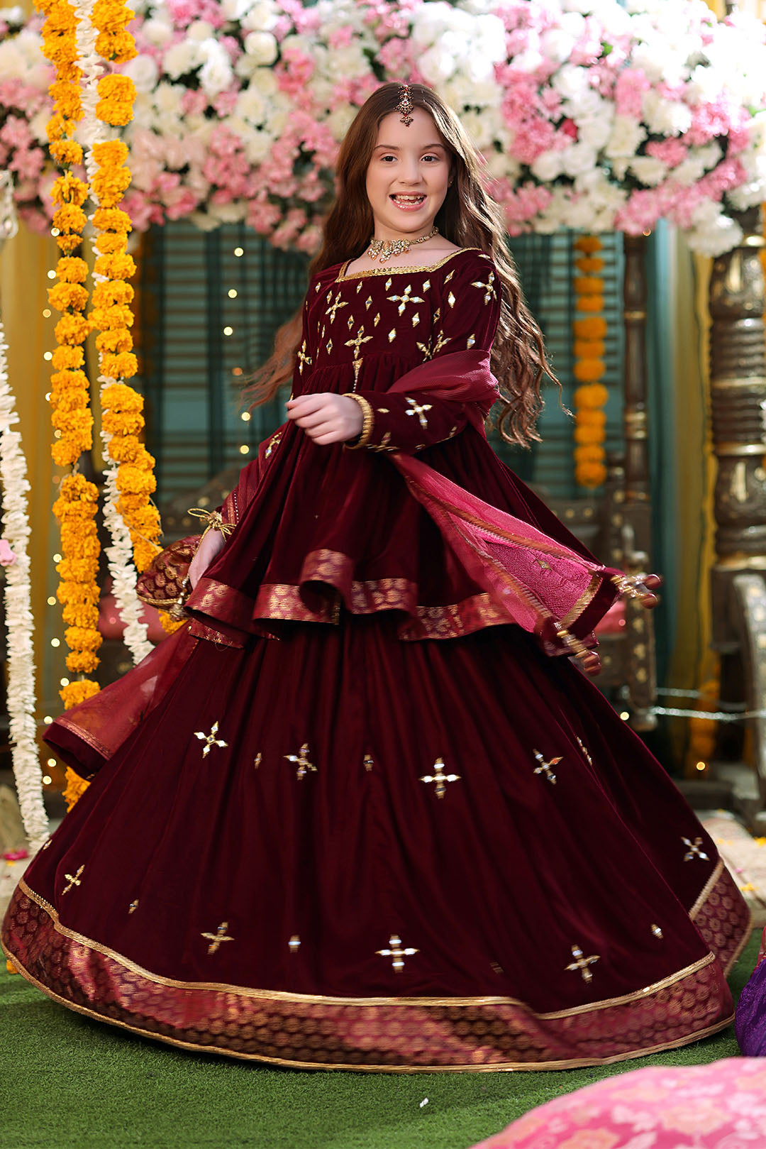 Mirror Embroidered Peplum Style Velvet Lehenga | SHENDI | L3279