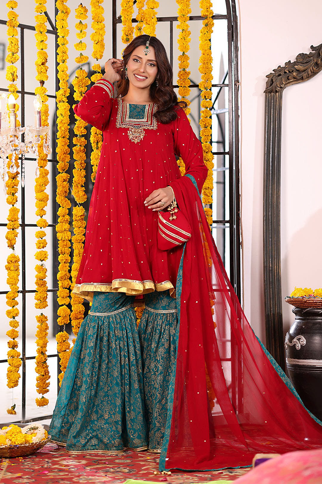 SANA'S red embroidered chiffon gharara suit Pakistan occasion wear