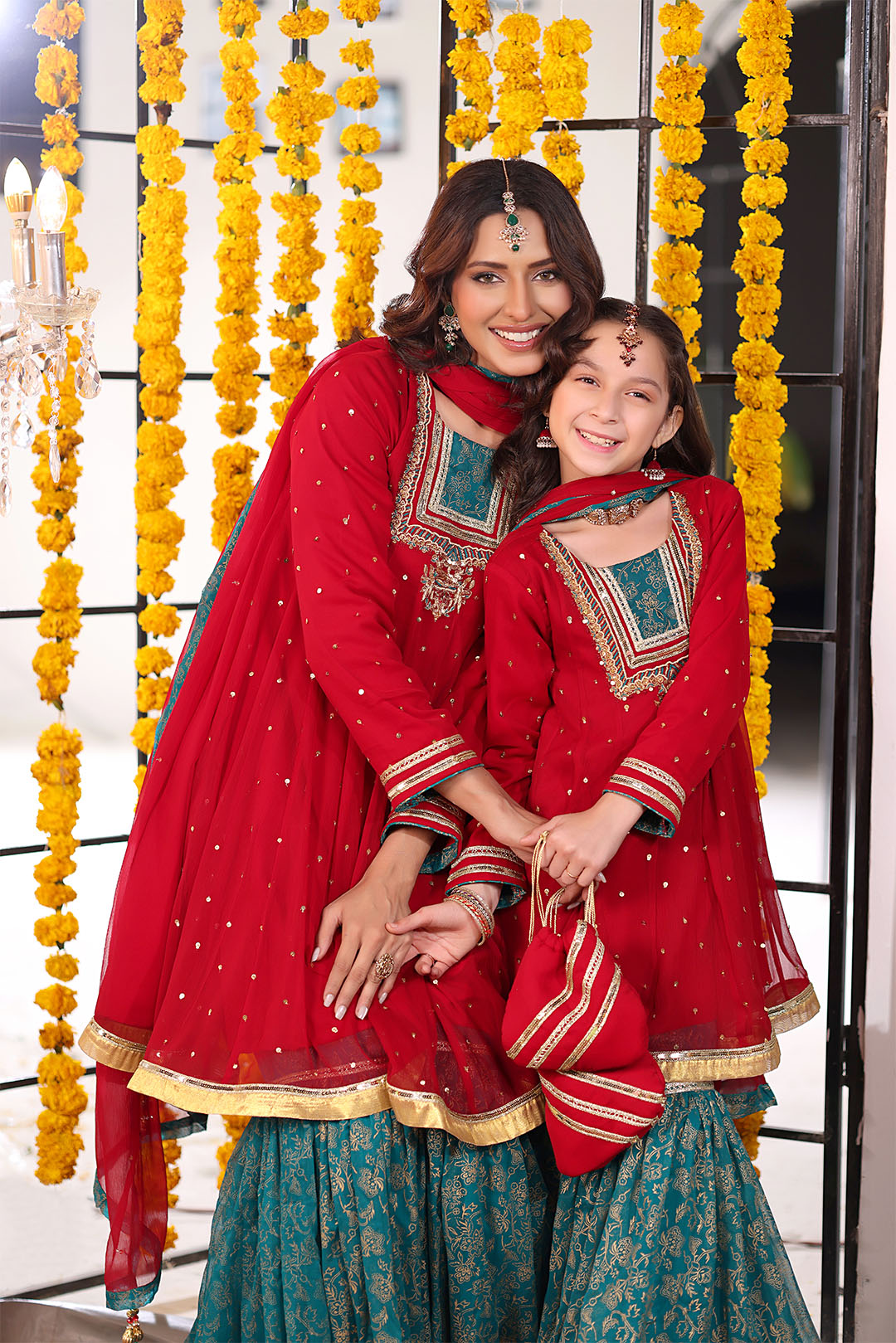 SANA'S red embroidered chiffon gharara suit Pakistan occasion wear
