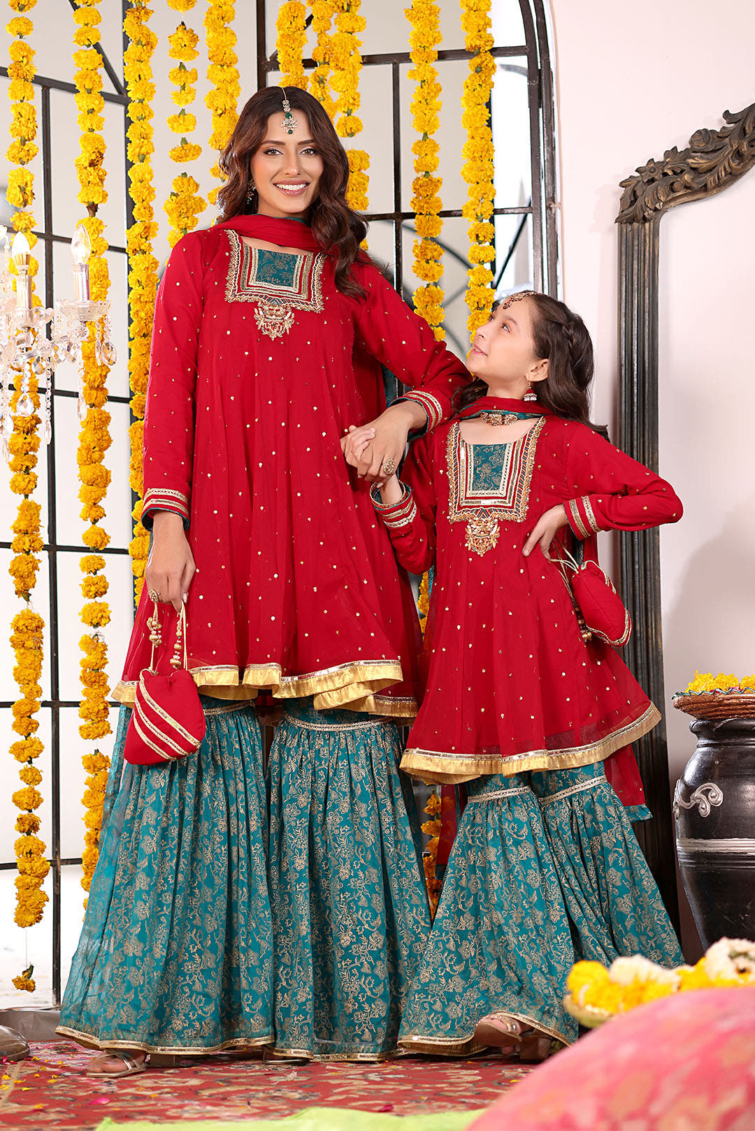 SANA'S red embroidered chiffon gharara suit Pakistan occasion wear