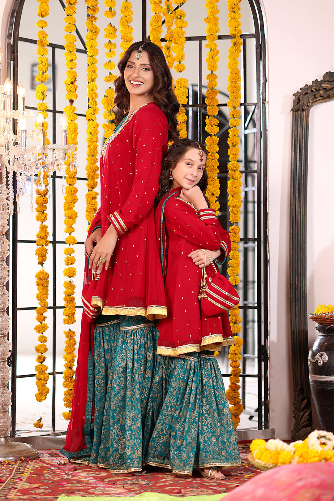 SANA'S red embroidered chiffon gharara suit Pakistan occasion wear